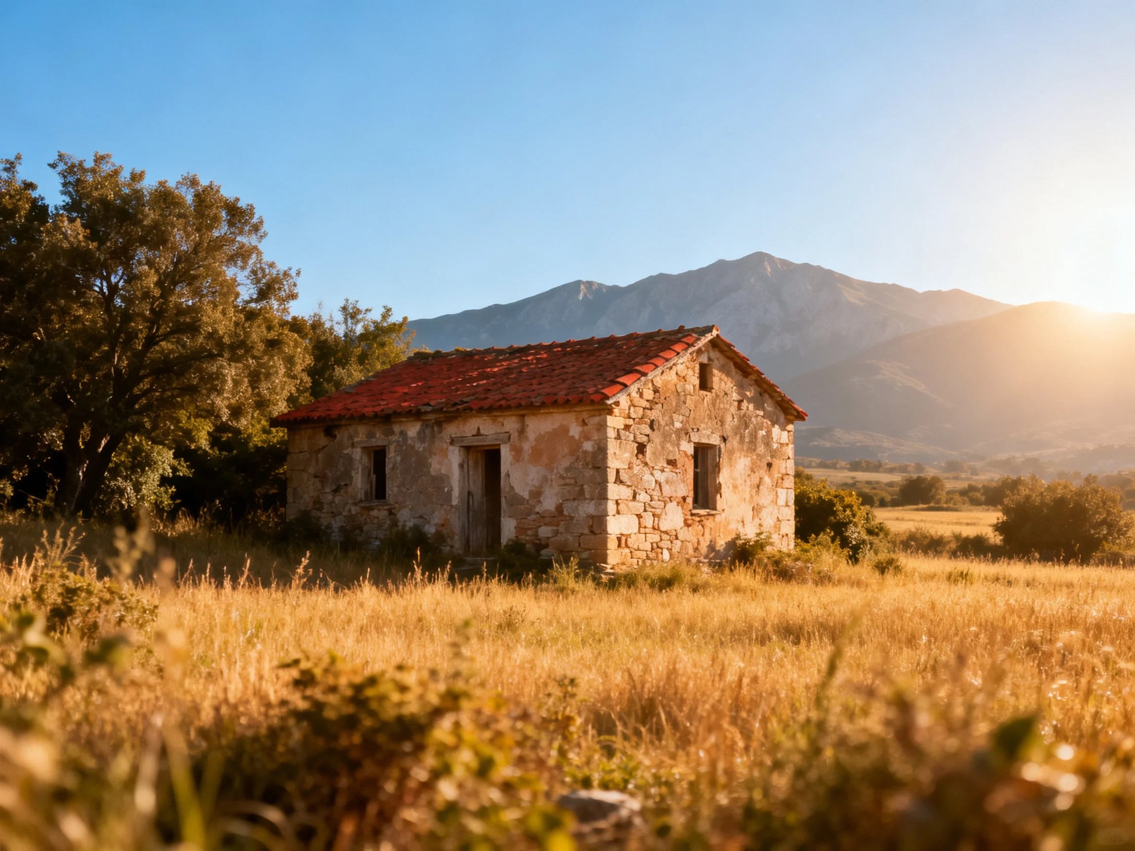 An aged stone house with red roof near golden fields and mountains