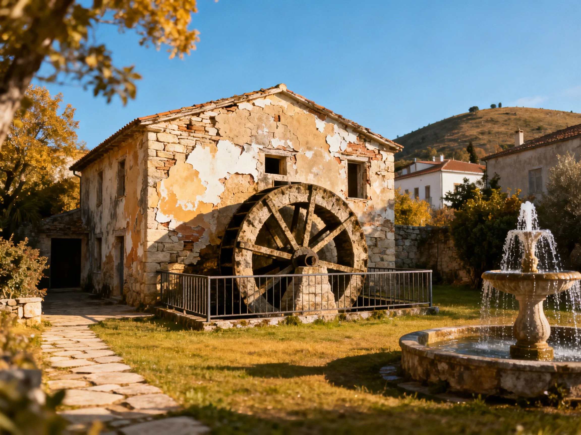 An aged stone mill with a giant water wheel near a fountain