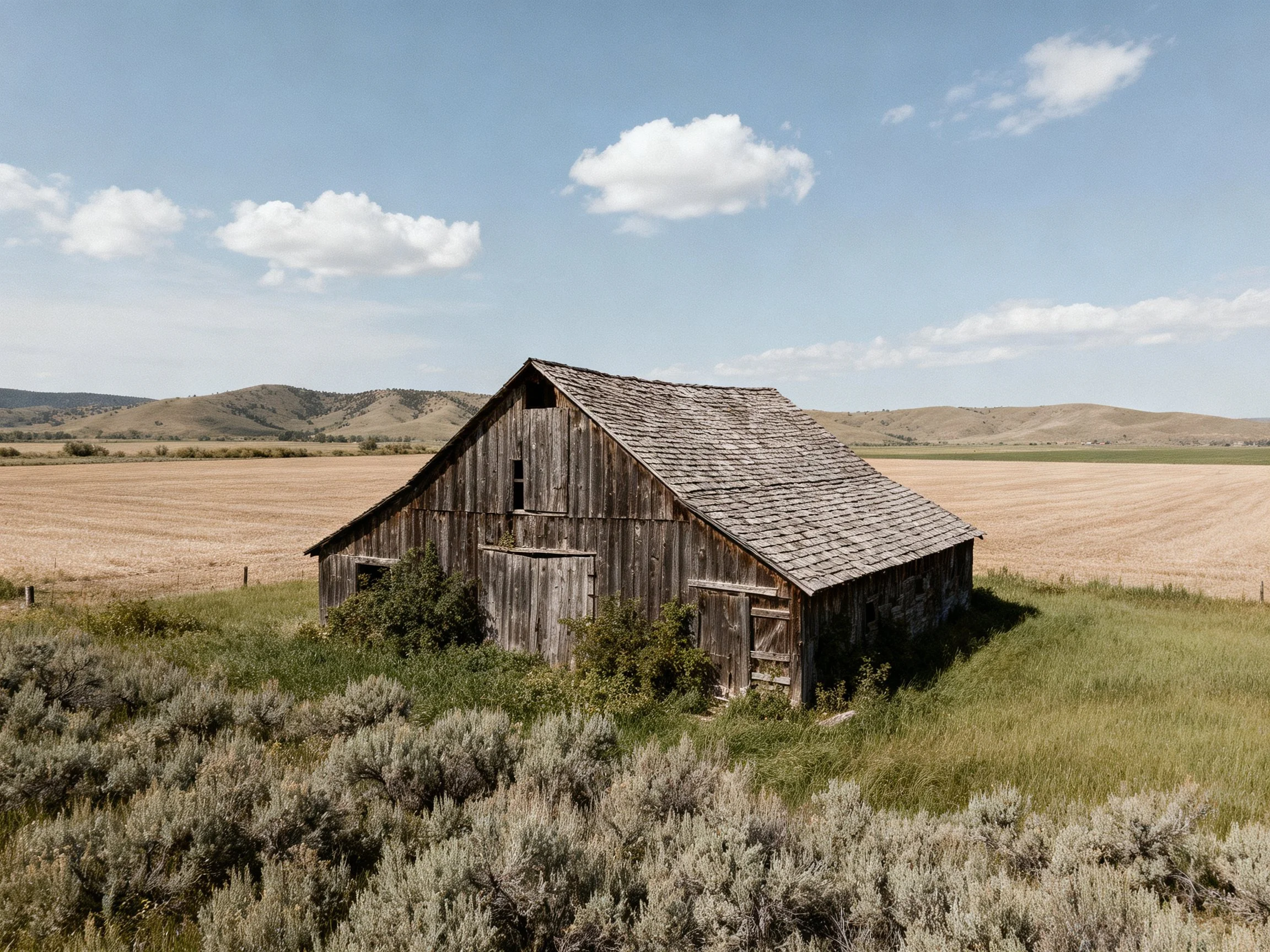 An aged wooden barn in a rural landscape with open fields and hills