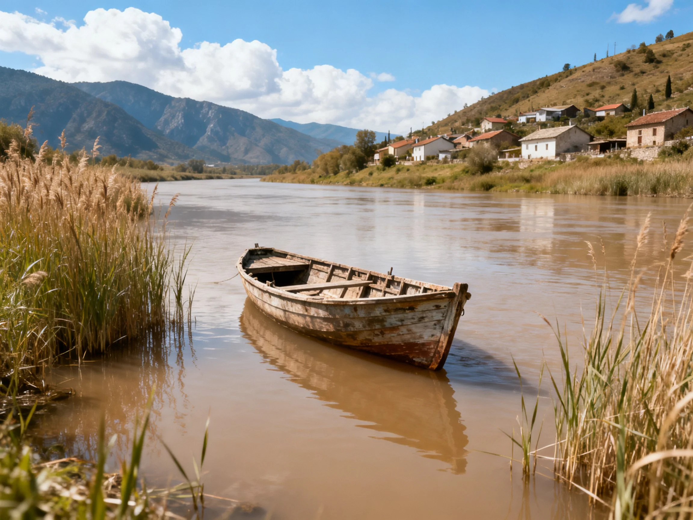 An aged wooden boat floats in muddy waters near a rural village