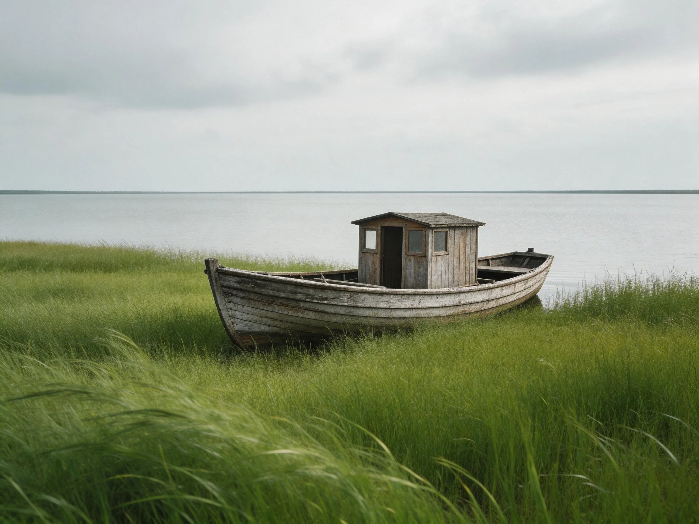 An aged wooden boat rests amid tall green grass near calm waters