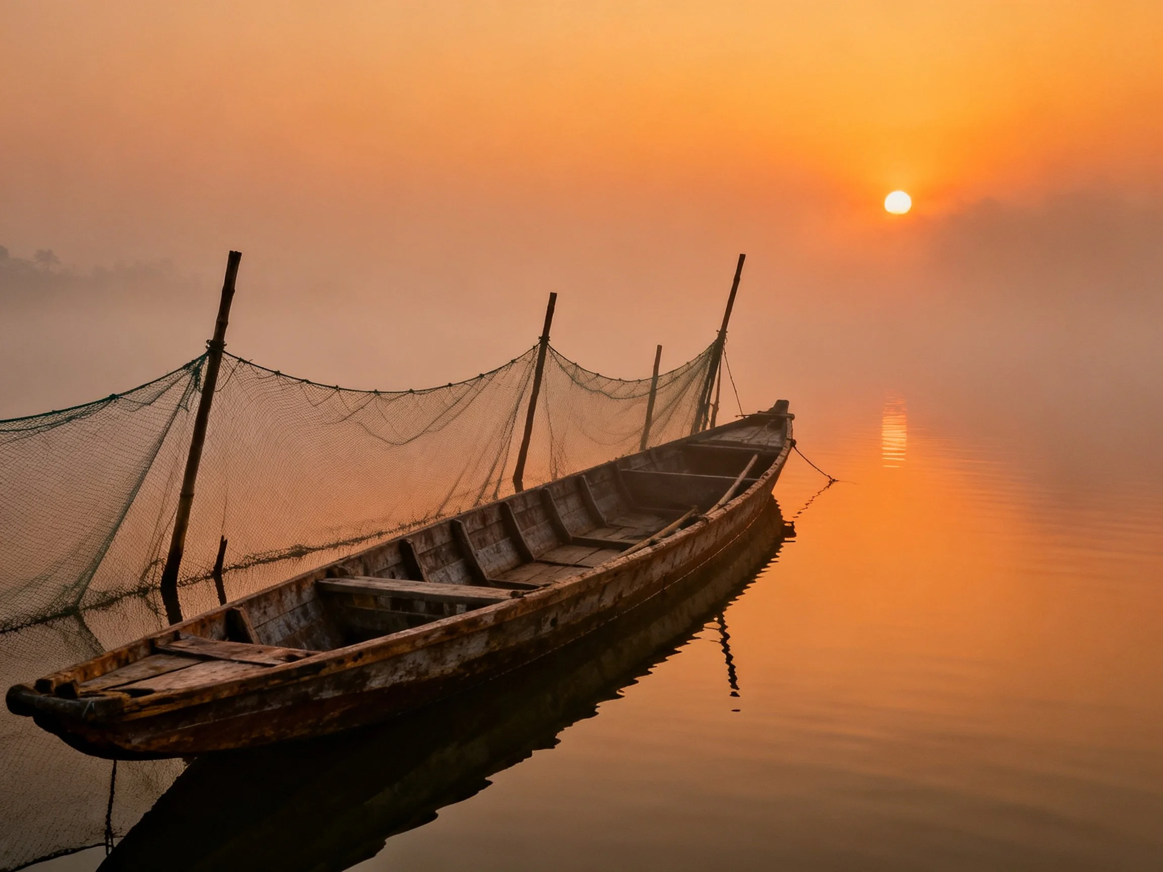 An aged wooden boat rests beside fishing nets under a golden sunrise over calm waters.