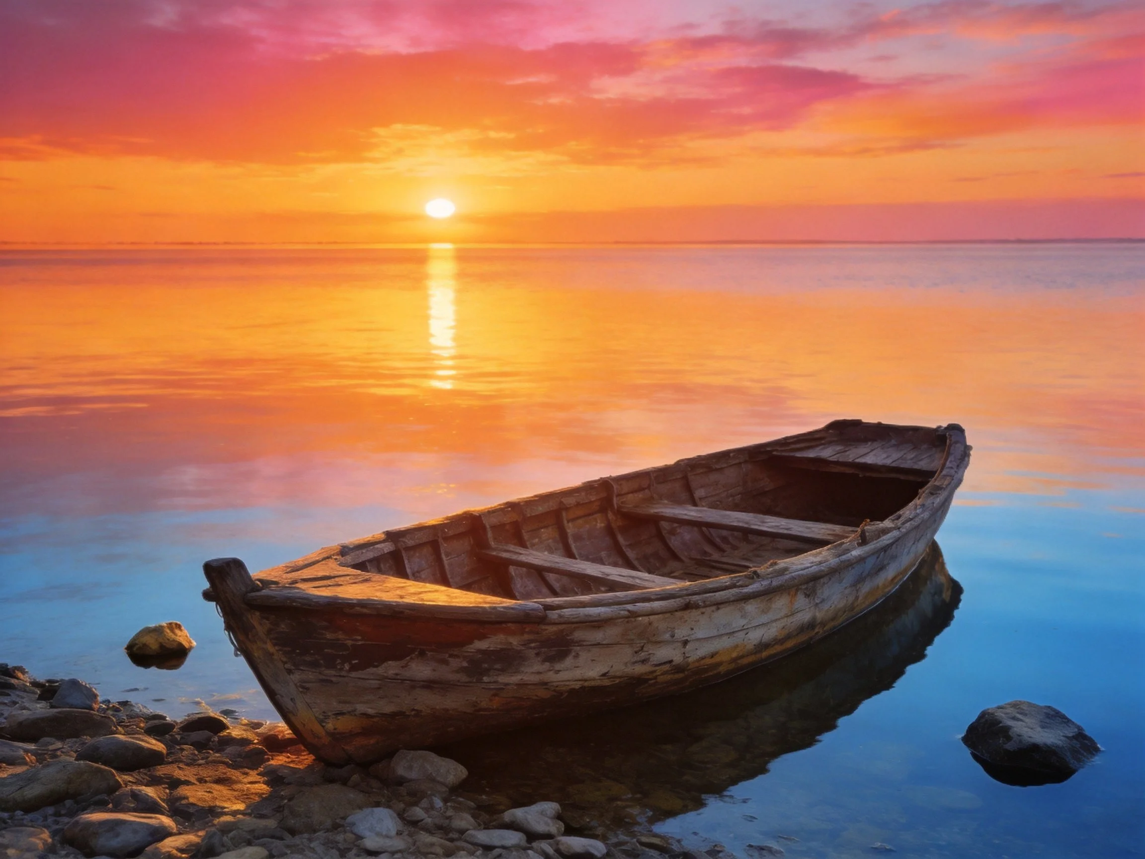 An aged wooden boat rests by calm waters under vibrant sunset hues