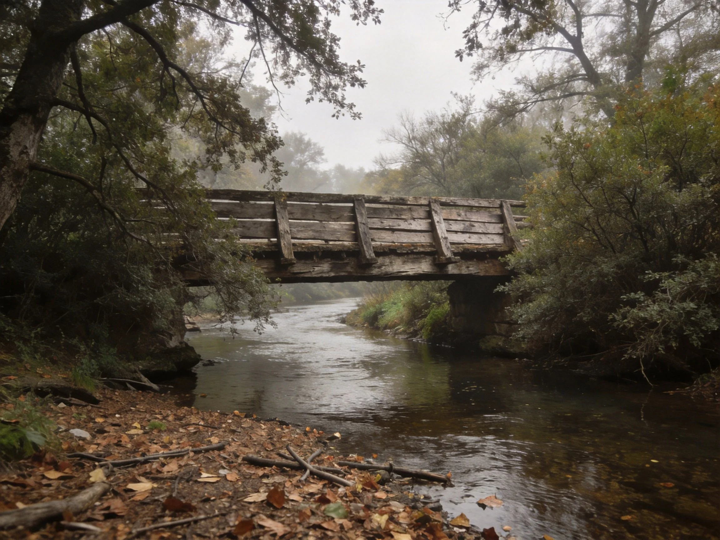 An aged wooden bridge spans a misty forest stream with fallen autumn leaves