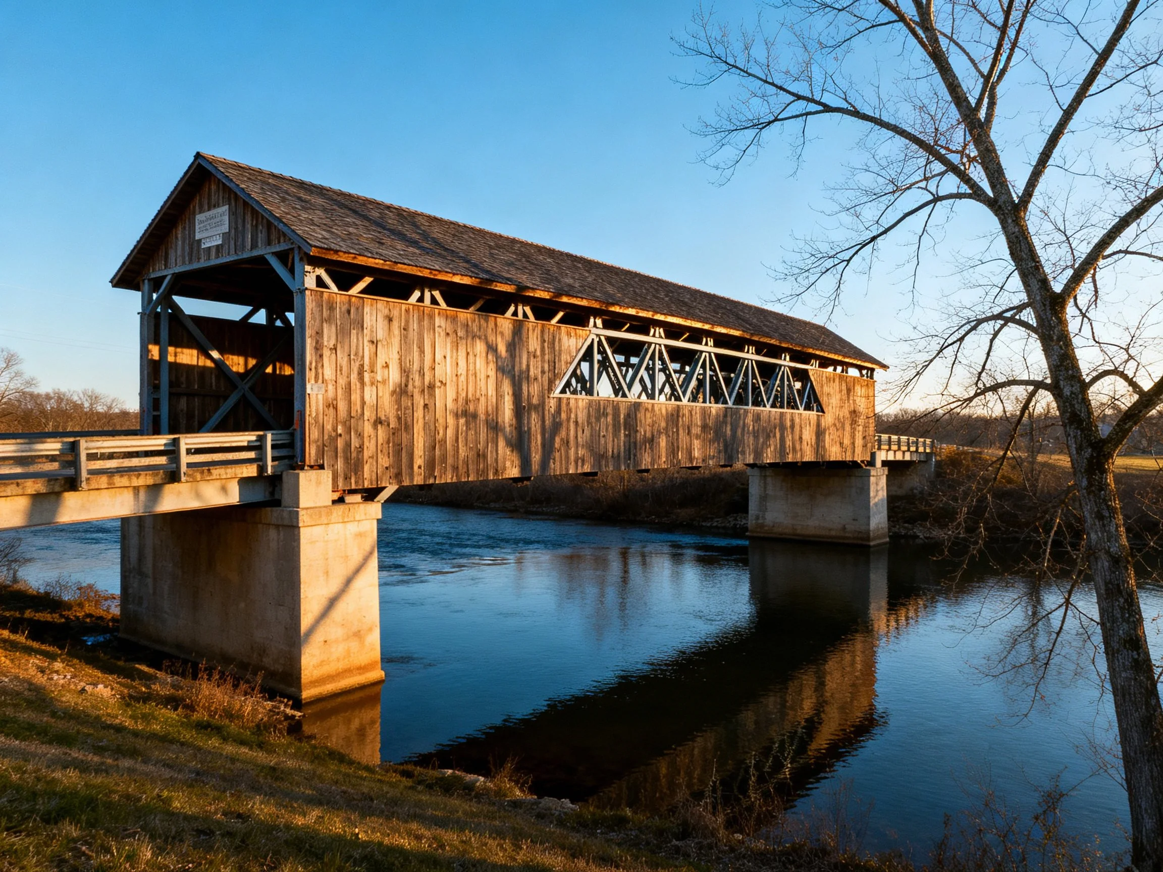 An aged wooden covered bridge spans a tranquil river