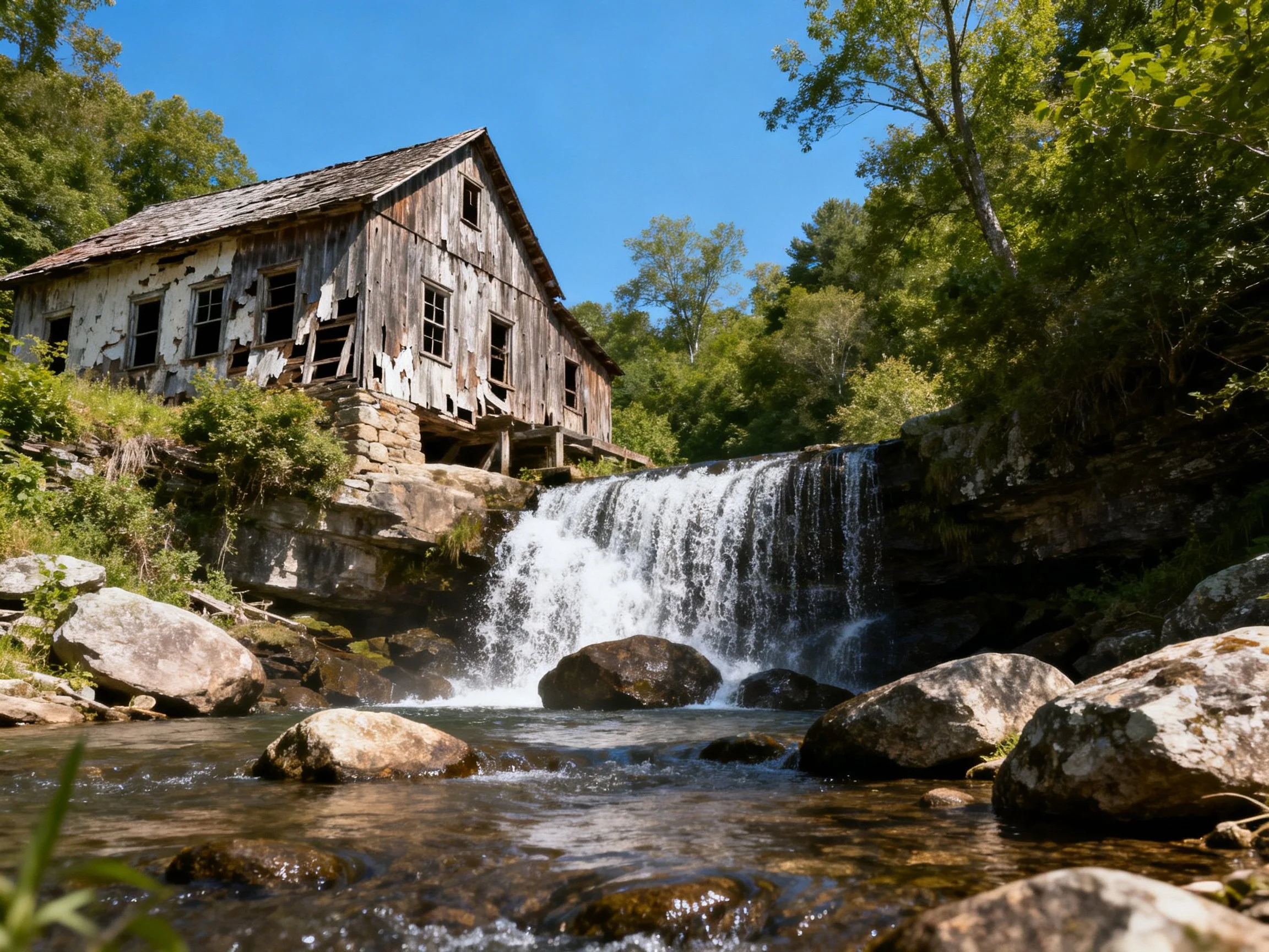 An aged wooden mill beside a cascading waterfall near rocky terrain