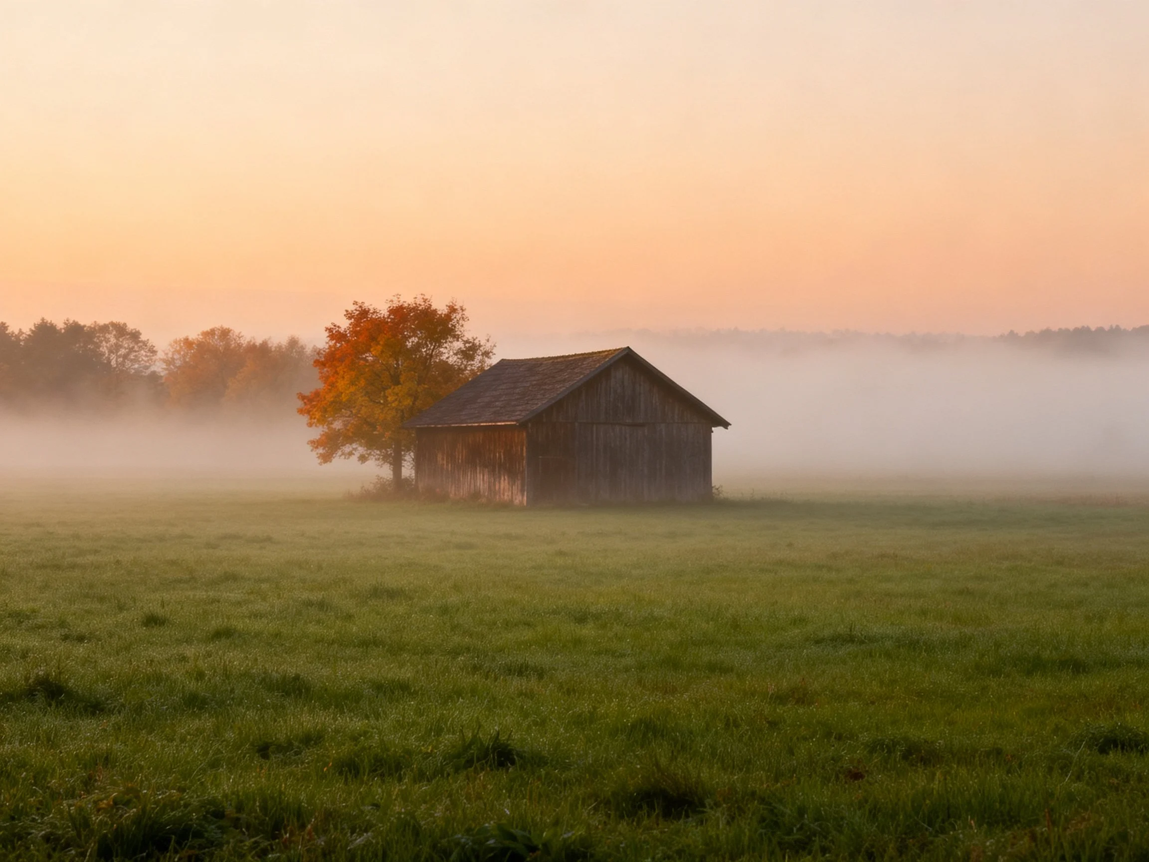 An aged wooden shed near an autumn-hued tree in a misty green field