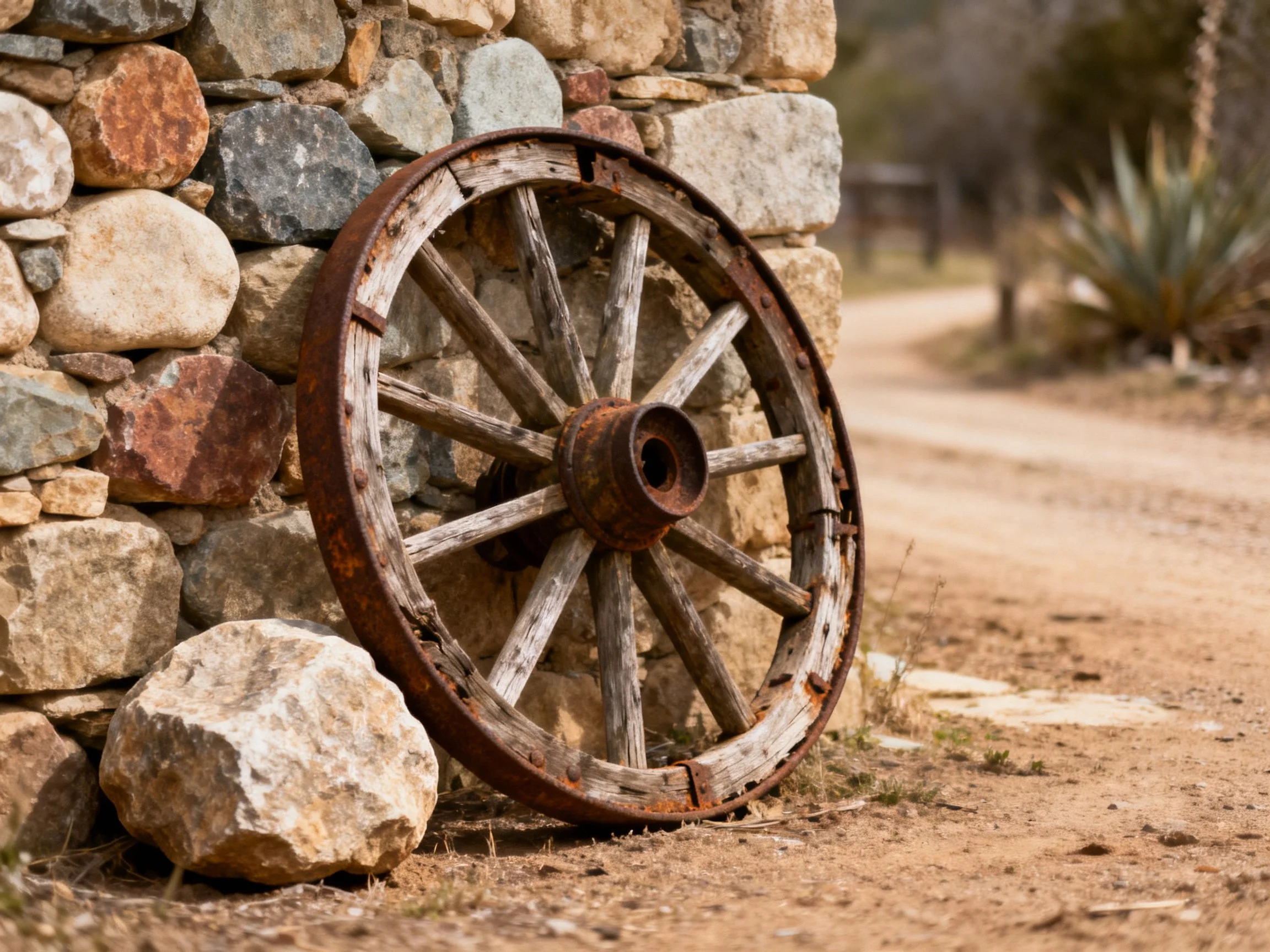 An aged wooden wagon wheel rests against a stone wall near a dirt path