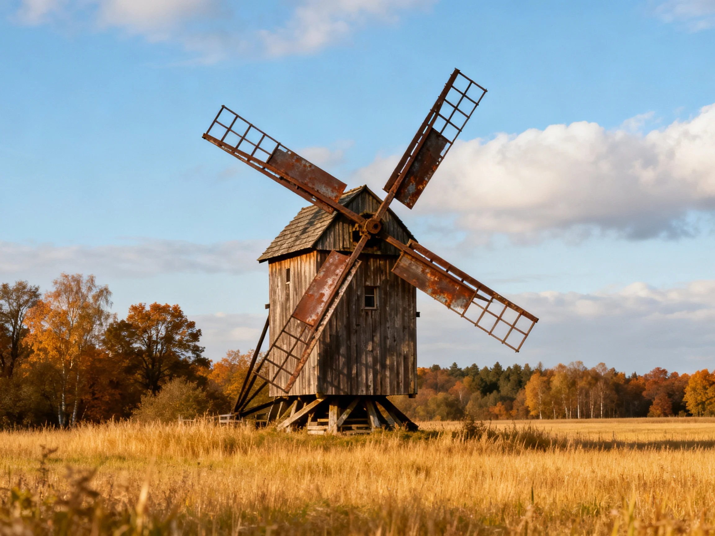 An aged wooden windmill amid golden fields under blue sky