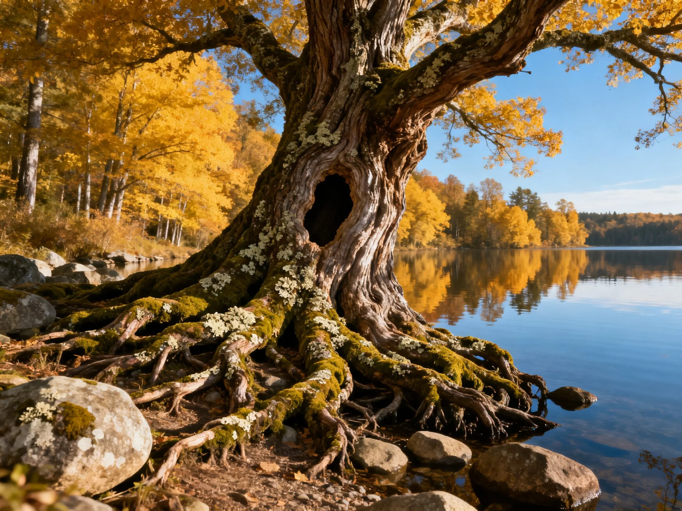 An ancient gnarled tree with exposed roots by a lake