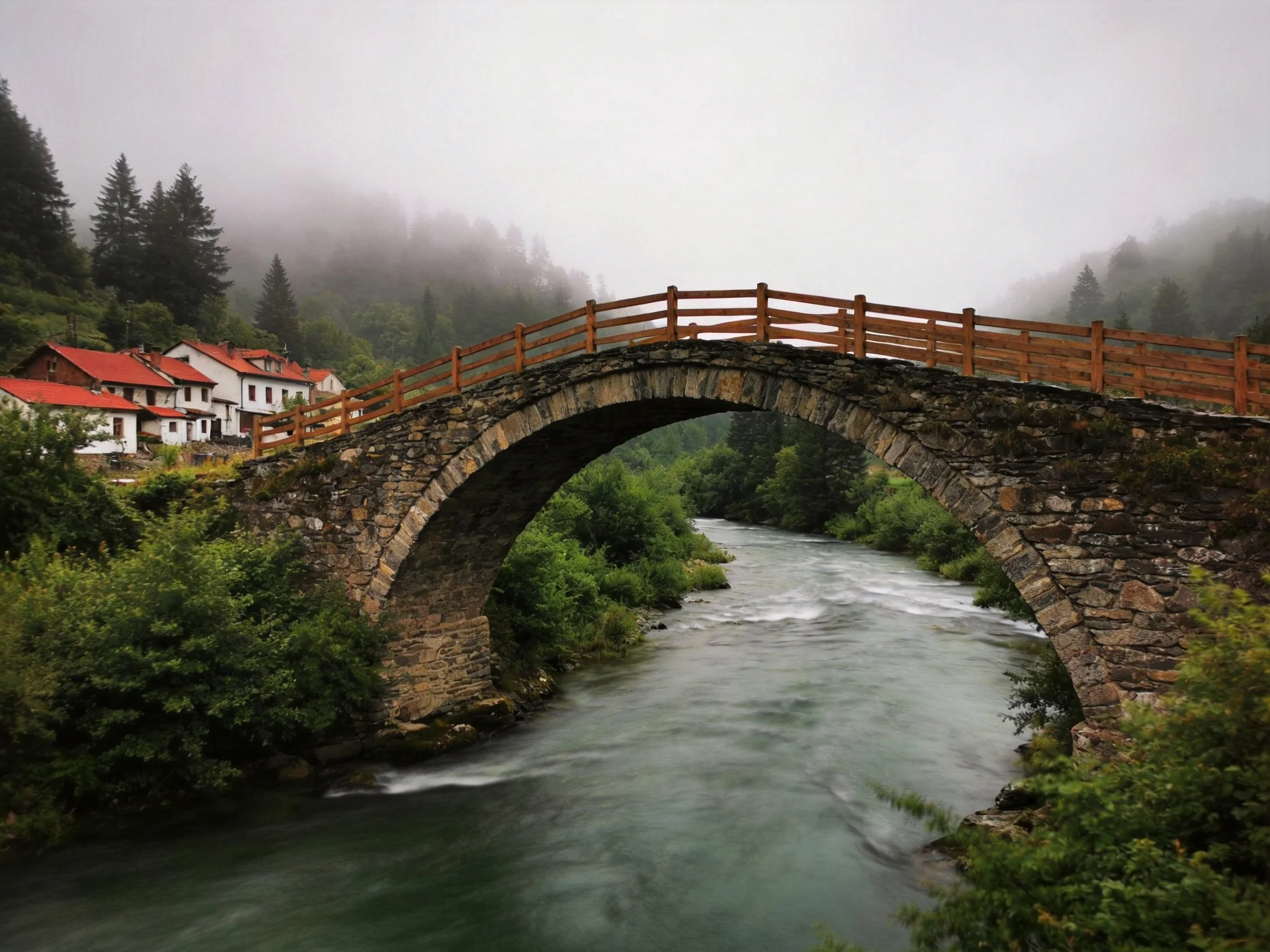 An ancient stone arch bridge spans a river near red-roofed homes