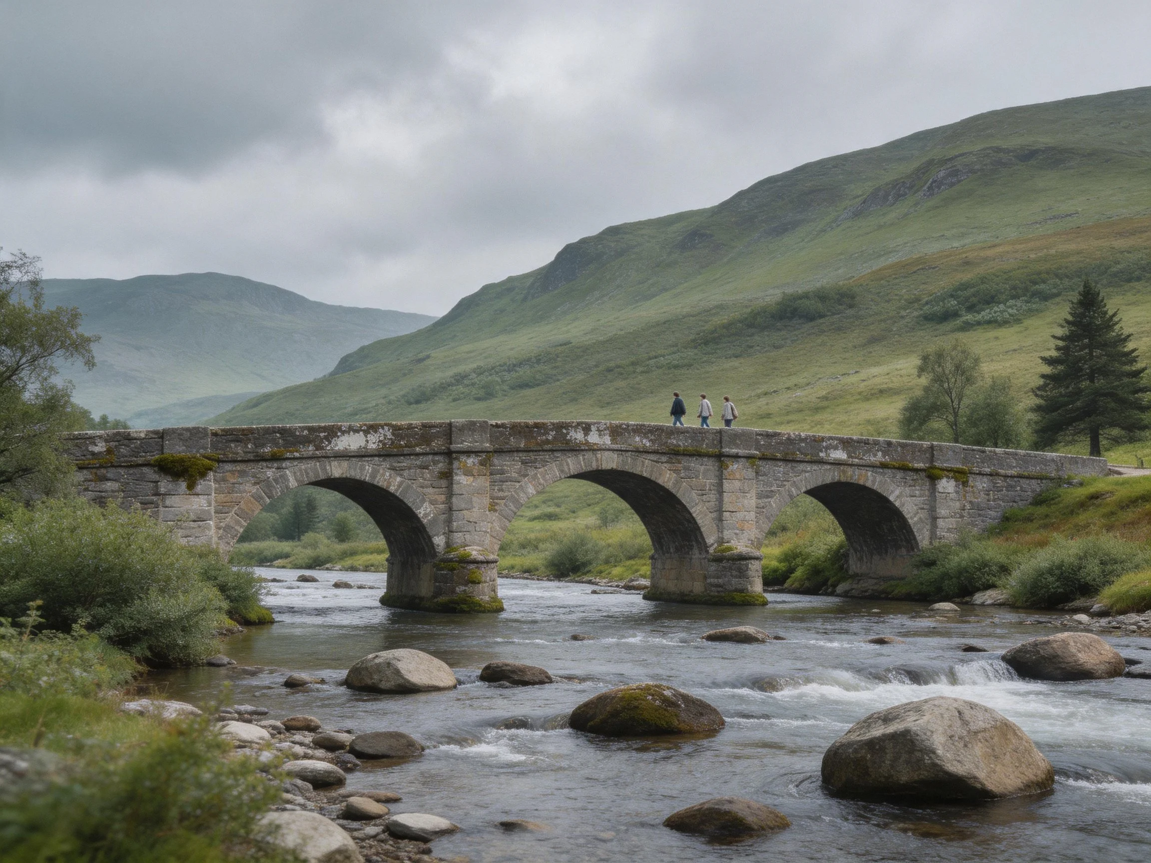 An ancient stone arch bridge spans a rocky stream amid verdant hills