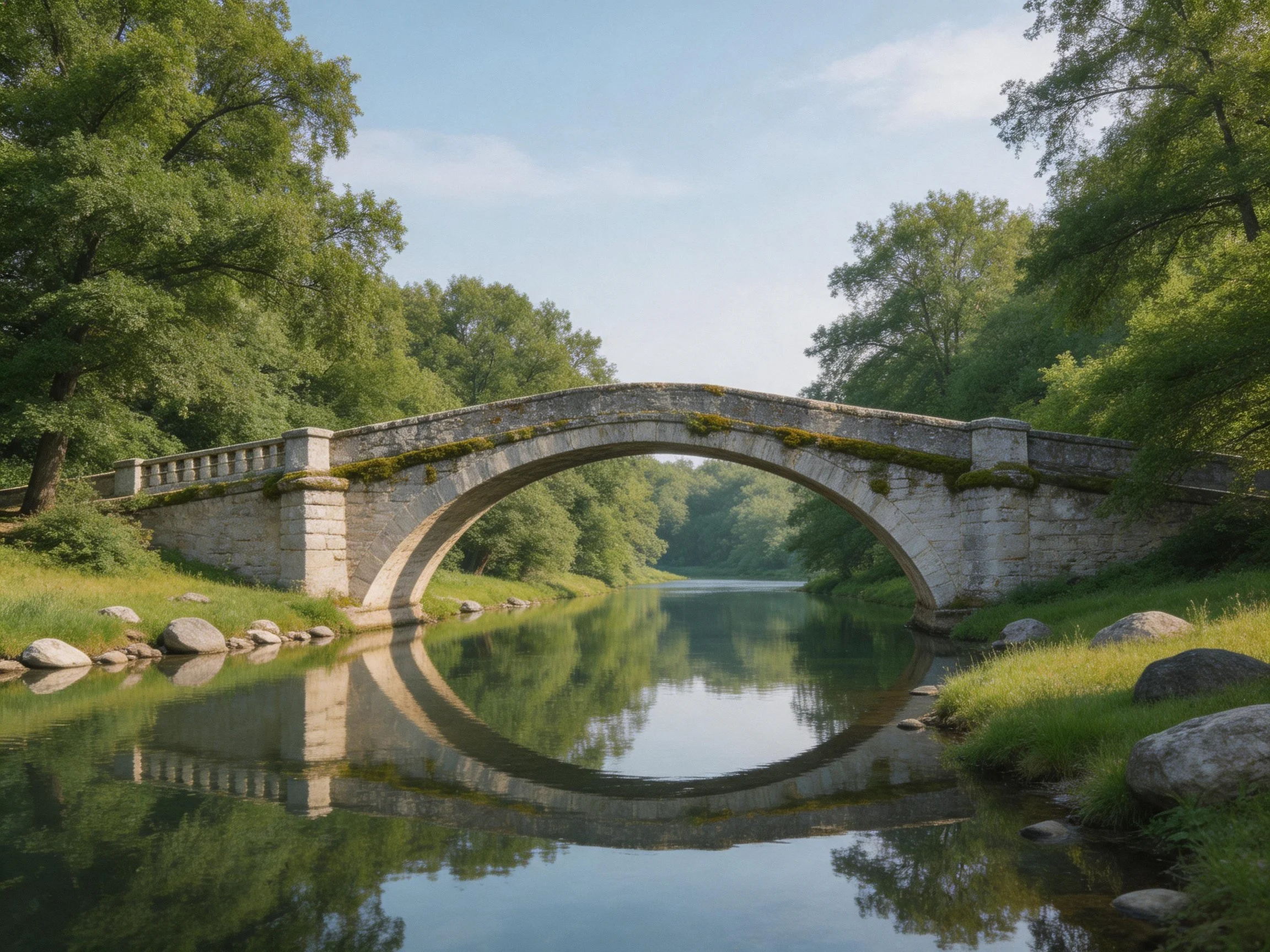 An ancient stone arch bridge spans calm waters amid lush green trees