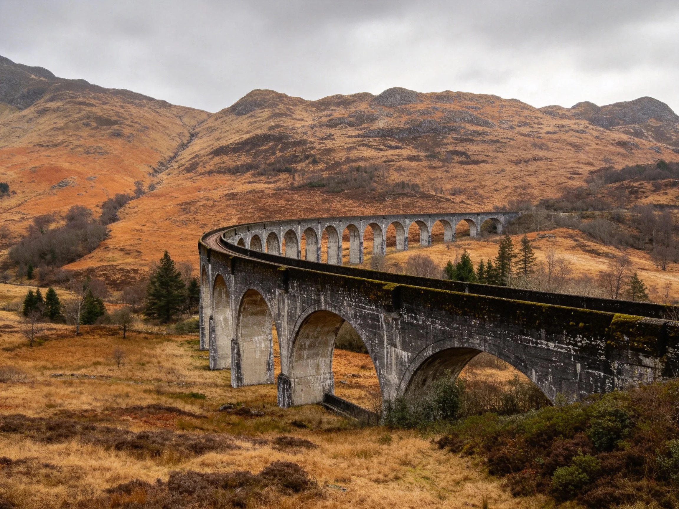 An ancient stone viaduct curves over autumnal rolling hills
