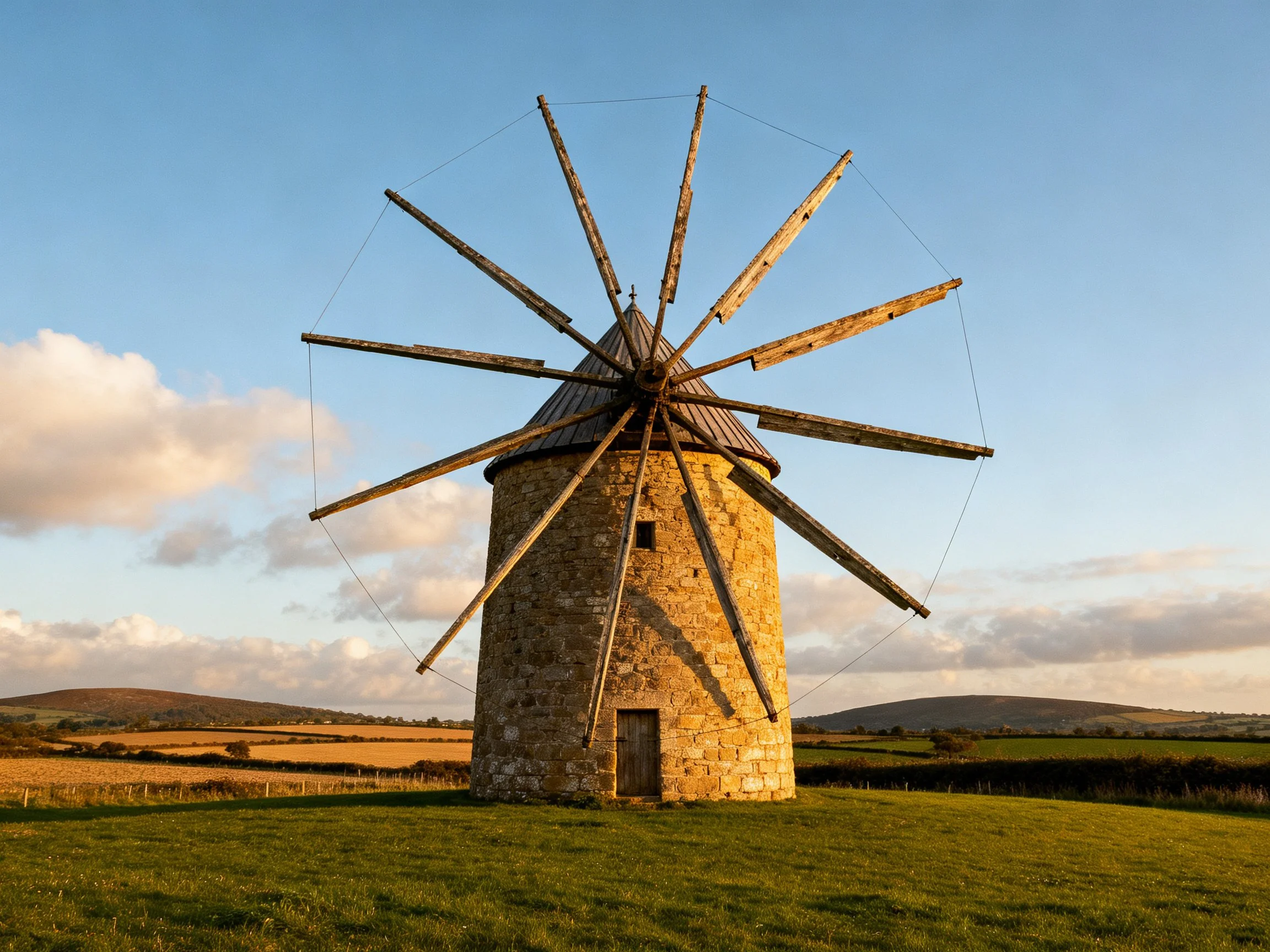 An ancient stone windmill with wooden blades on a green hillside