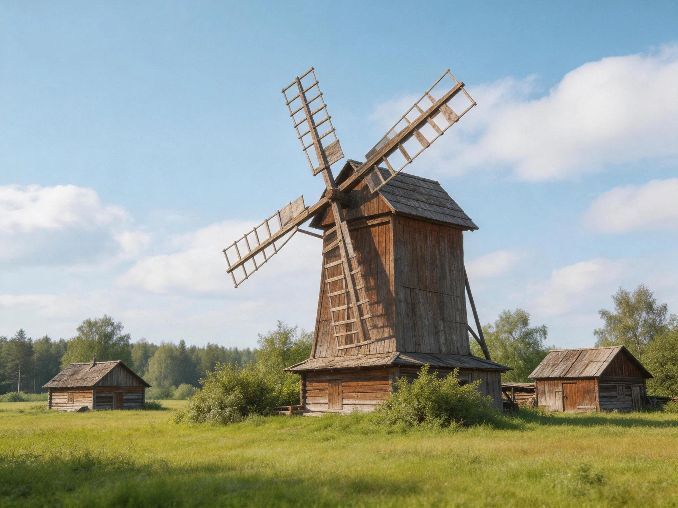 An ancient wooden windmill stands among rustic cabins in a green field
