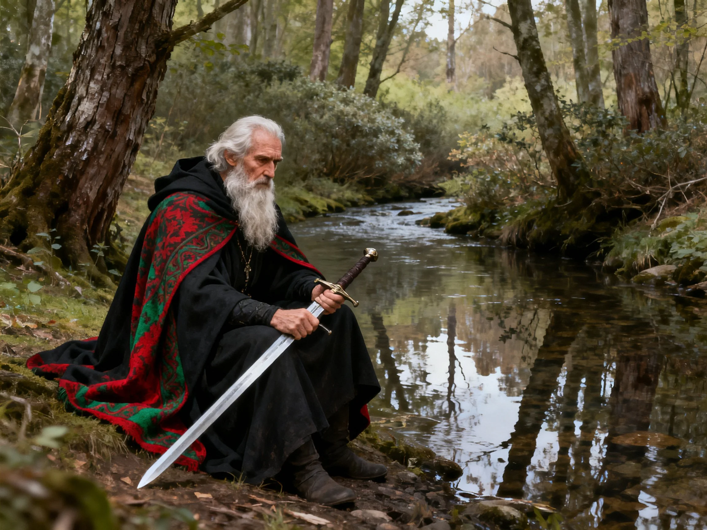 An elderly man in a black robe sits by a stream holding a sword