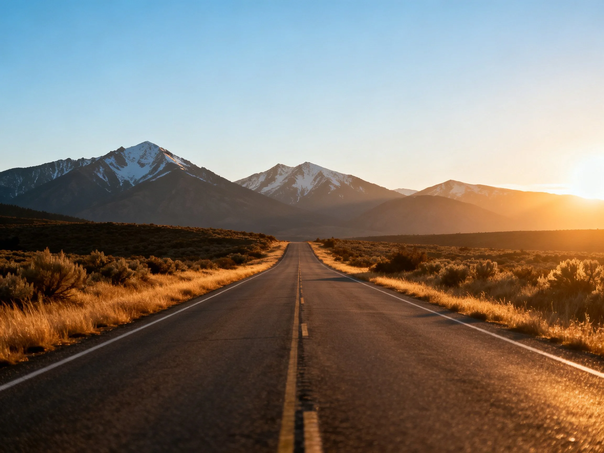 An empty asphalt road leads toward snow-capped mountains at golden hour