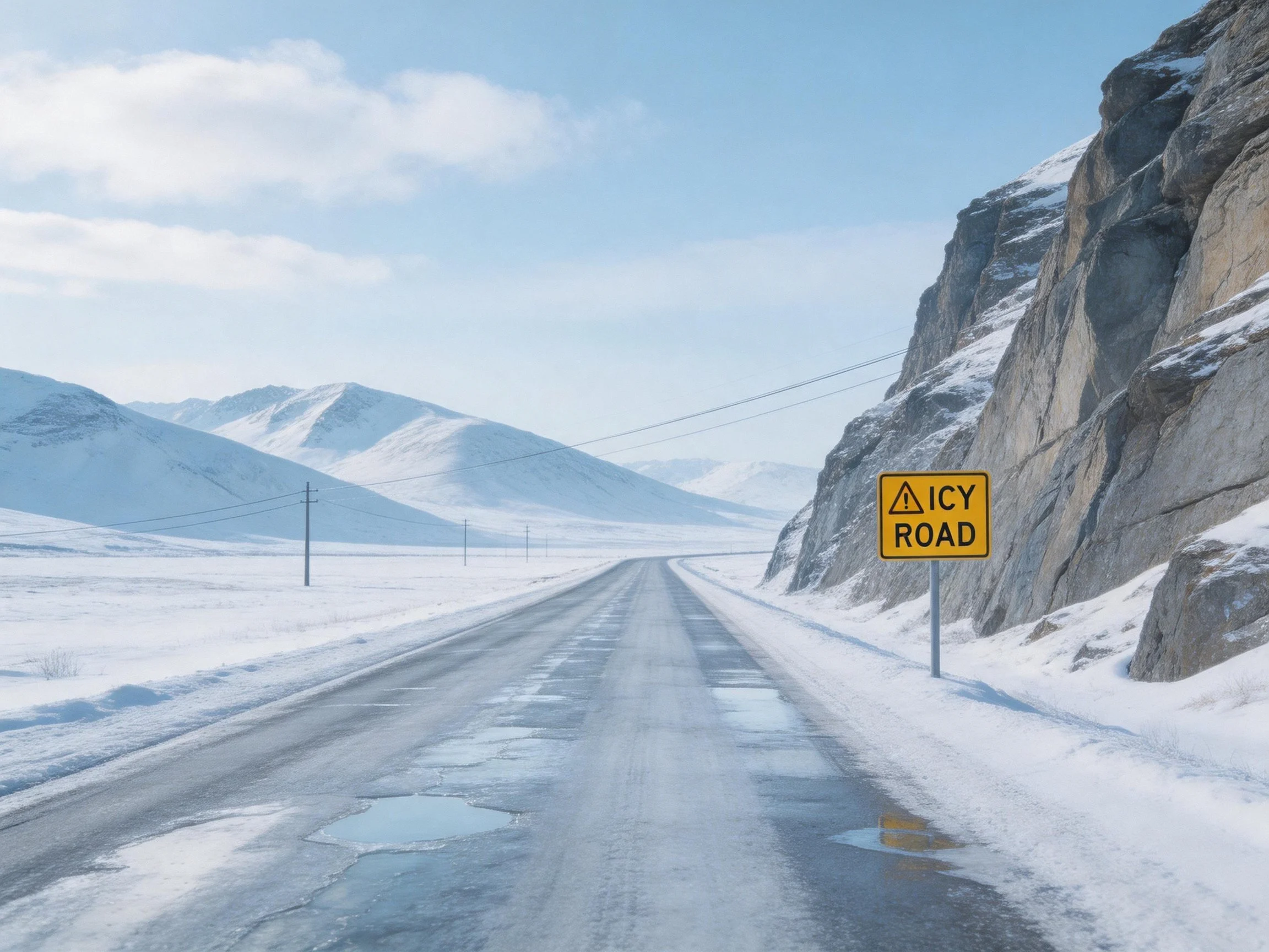 An icy road winds through snow-covered terrain near rocky cliffs