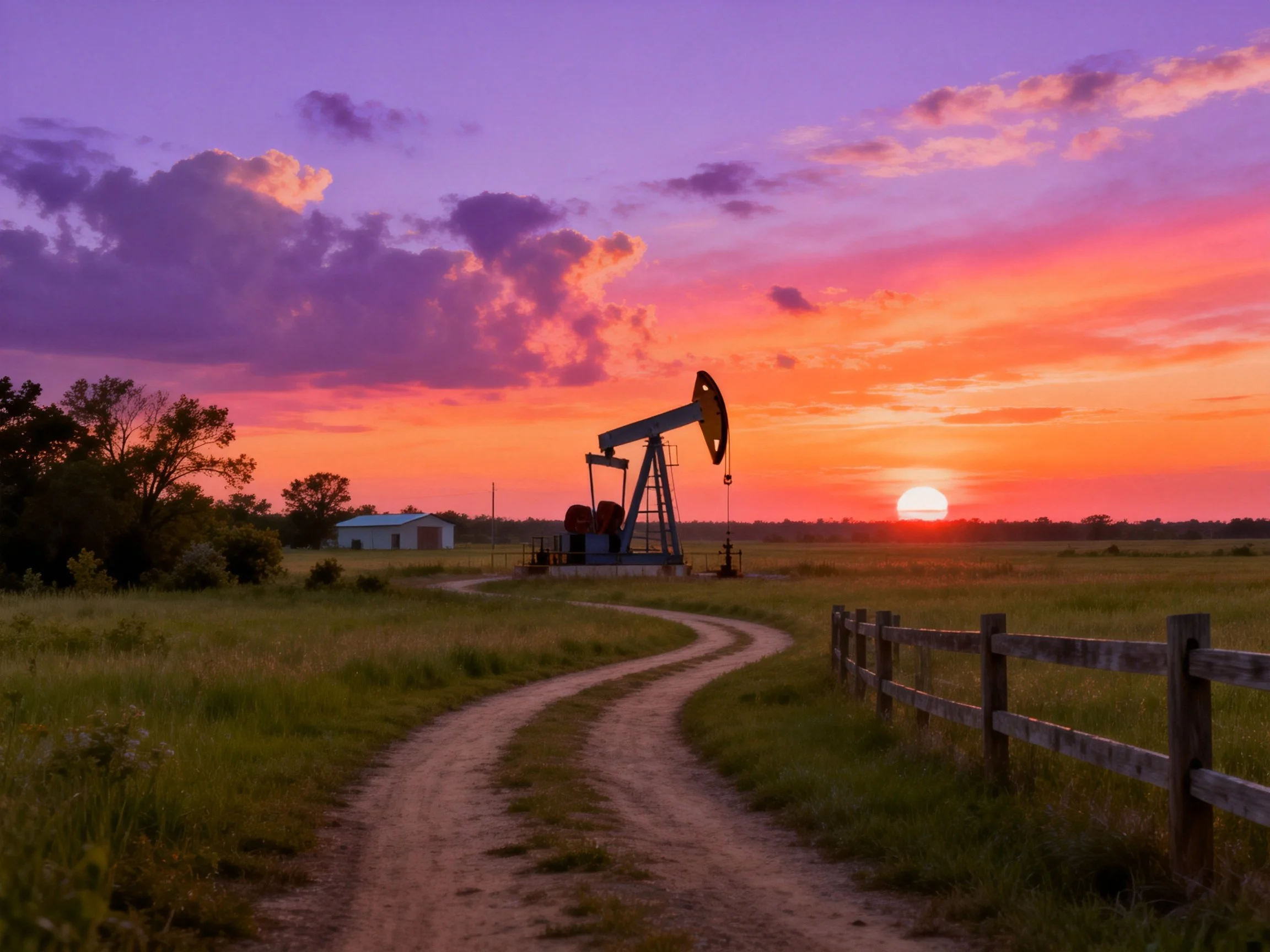 An oil pumpjack in a rural field under a colorful sunset
