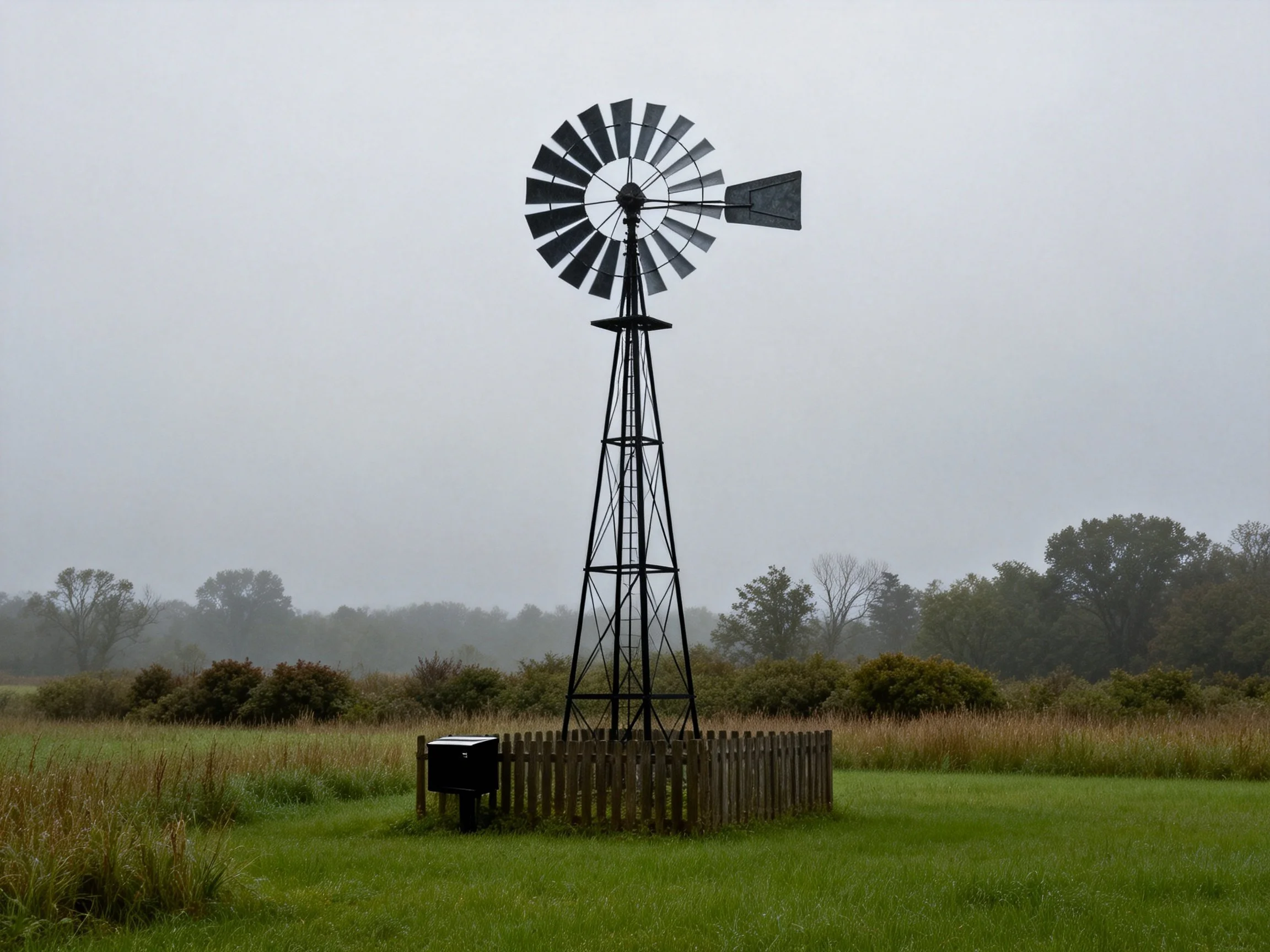 An old black windmill in a fenced green field under gray skies
