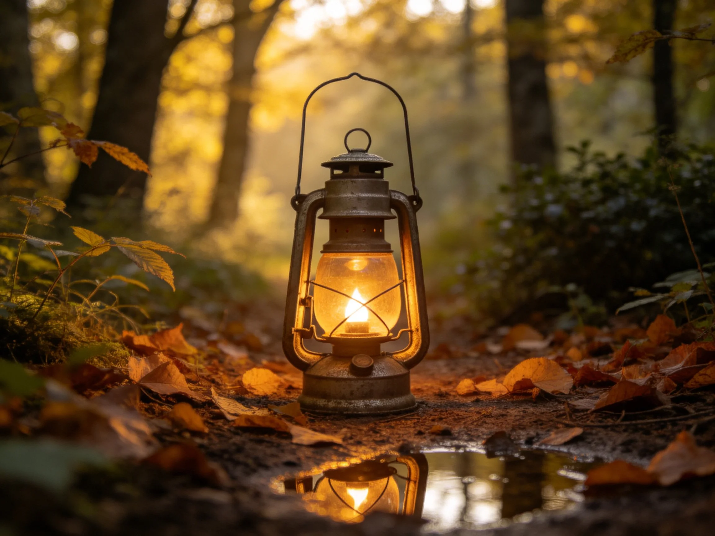 An old lantern illuminates autumn forest path