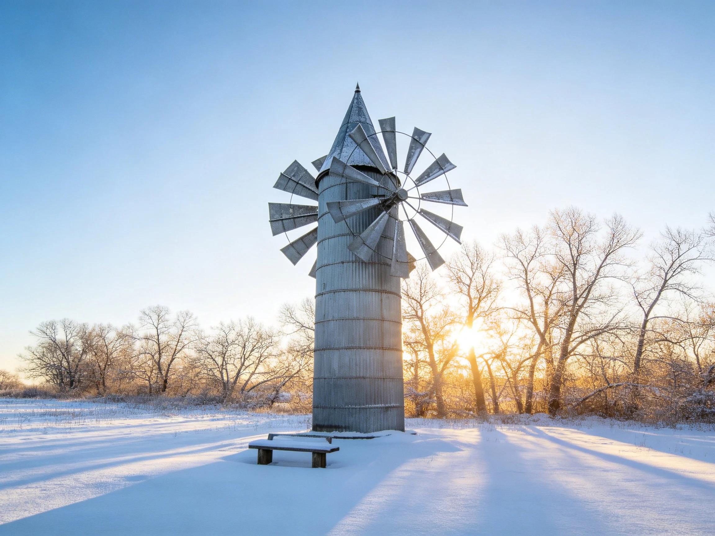 An old metal windmill in a snow - covered field with frosty trees
