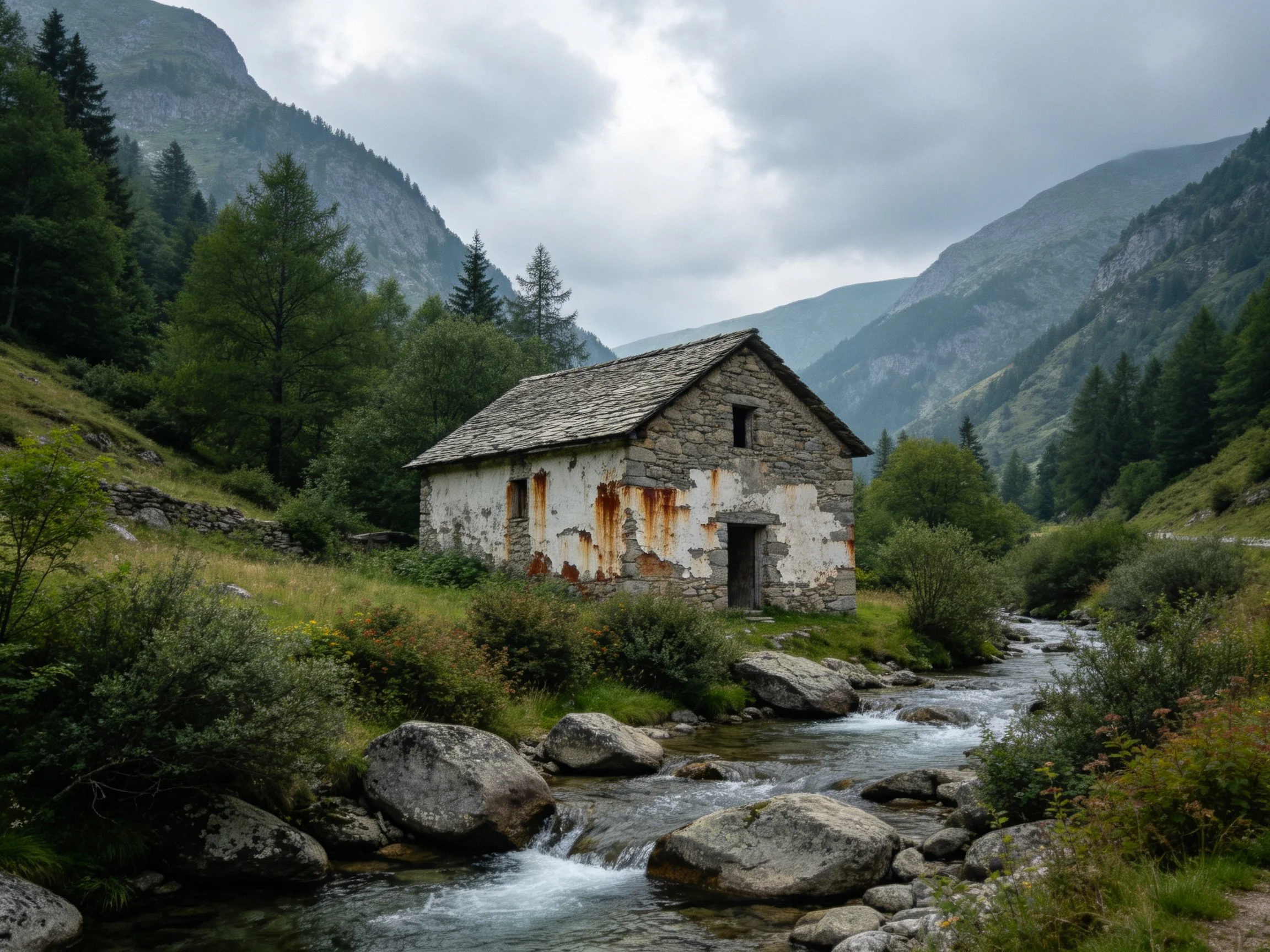 An old, rust-stained stone house beside a mountain stream
