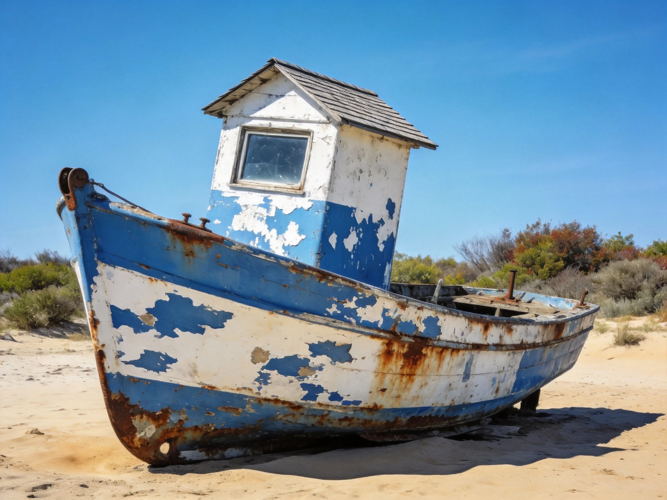 An old, weathered blue and white boat abandoned on sand