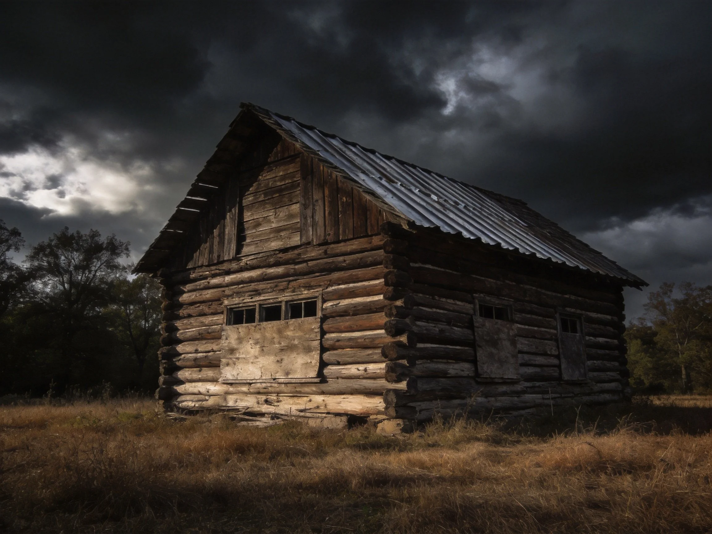An old wooden cabin beneath ominous storm clouds