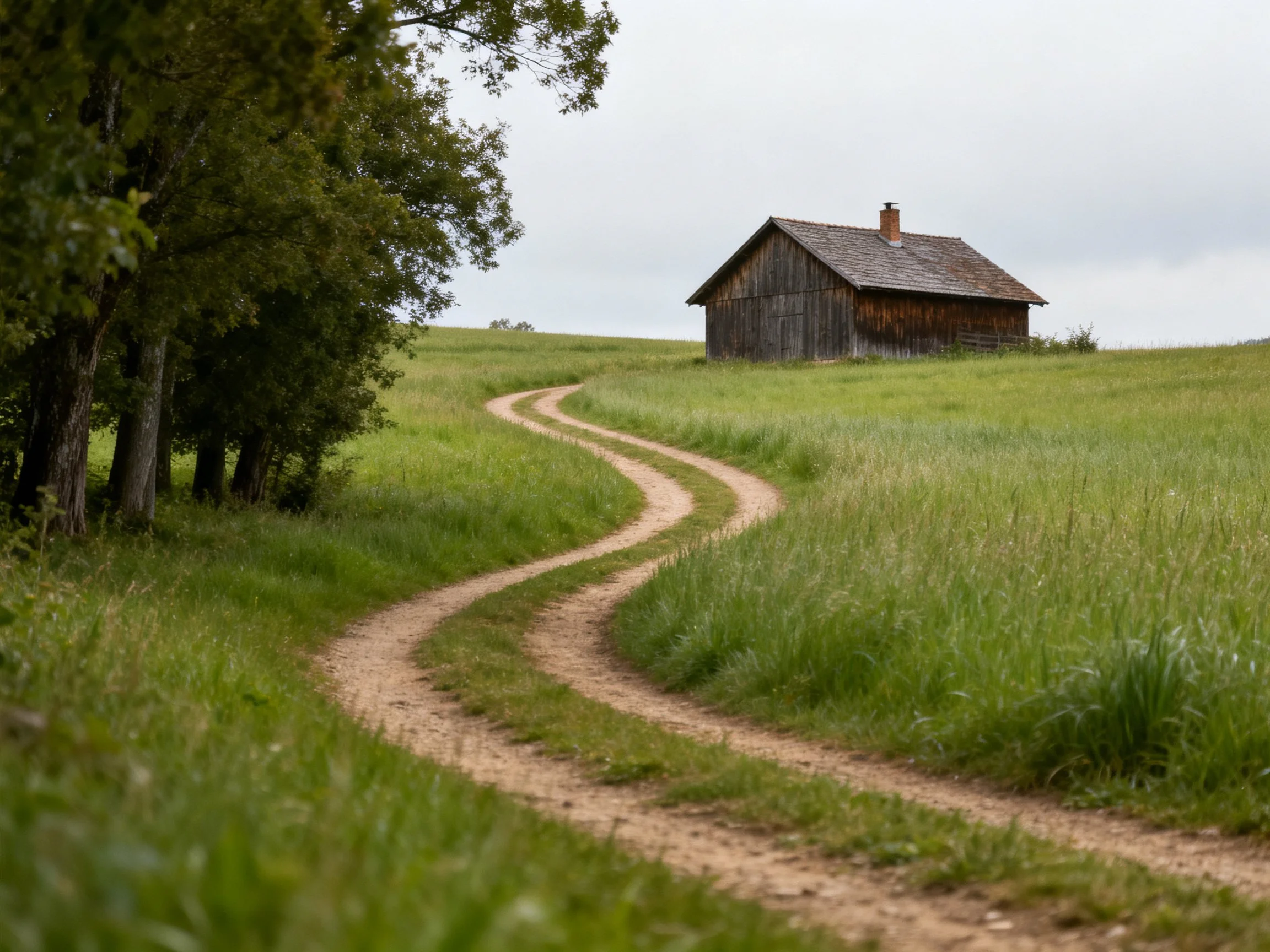 An old wooden cabin near a winding dirt path through green meadows