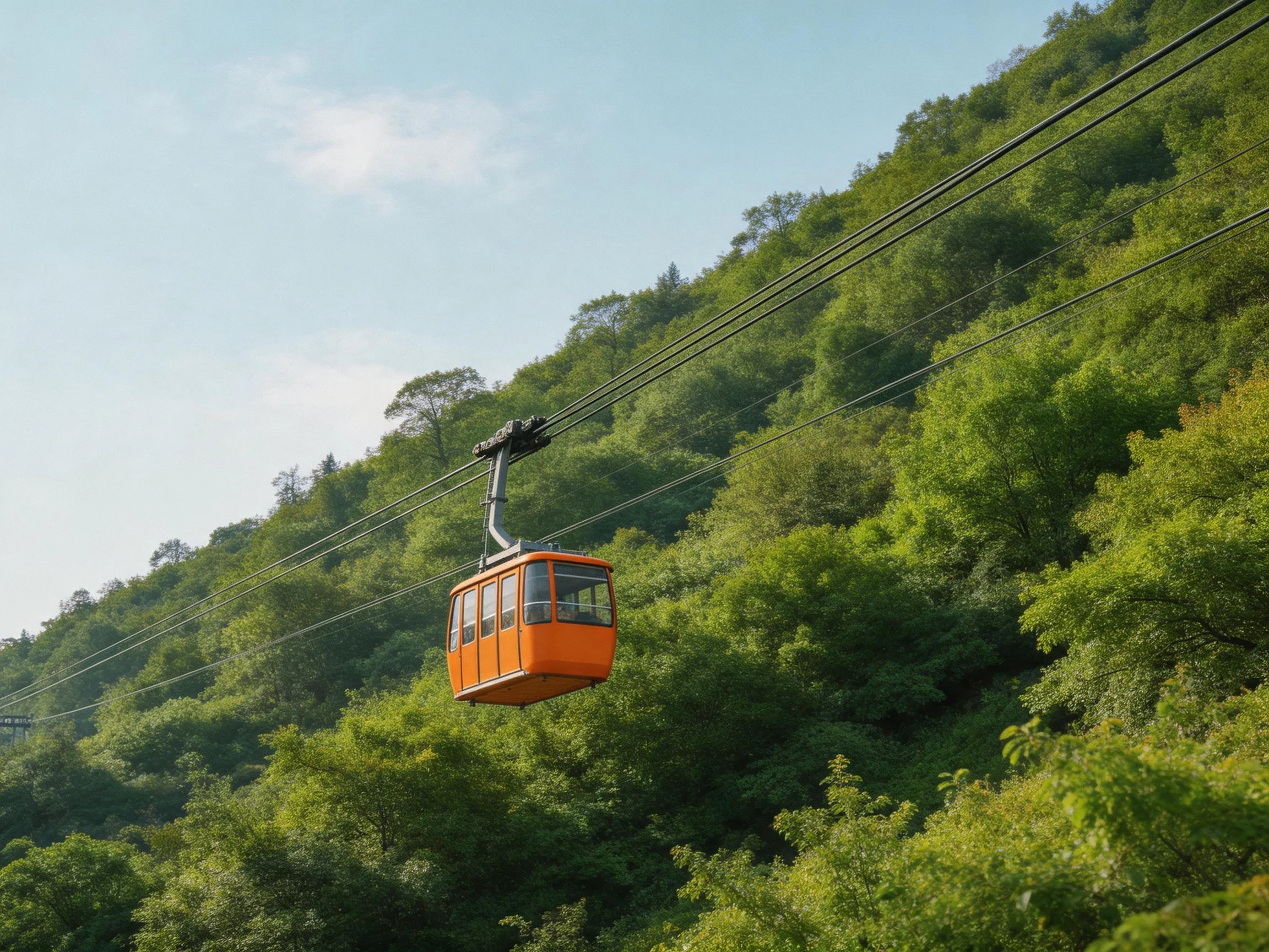 An orange cable car suspended over a lush green forested hillside