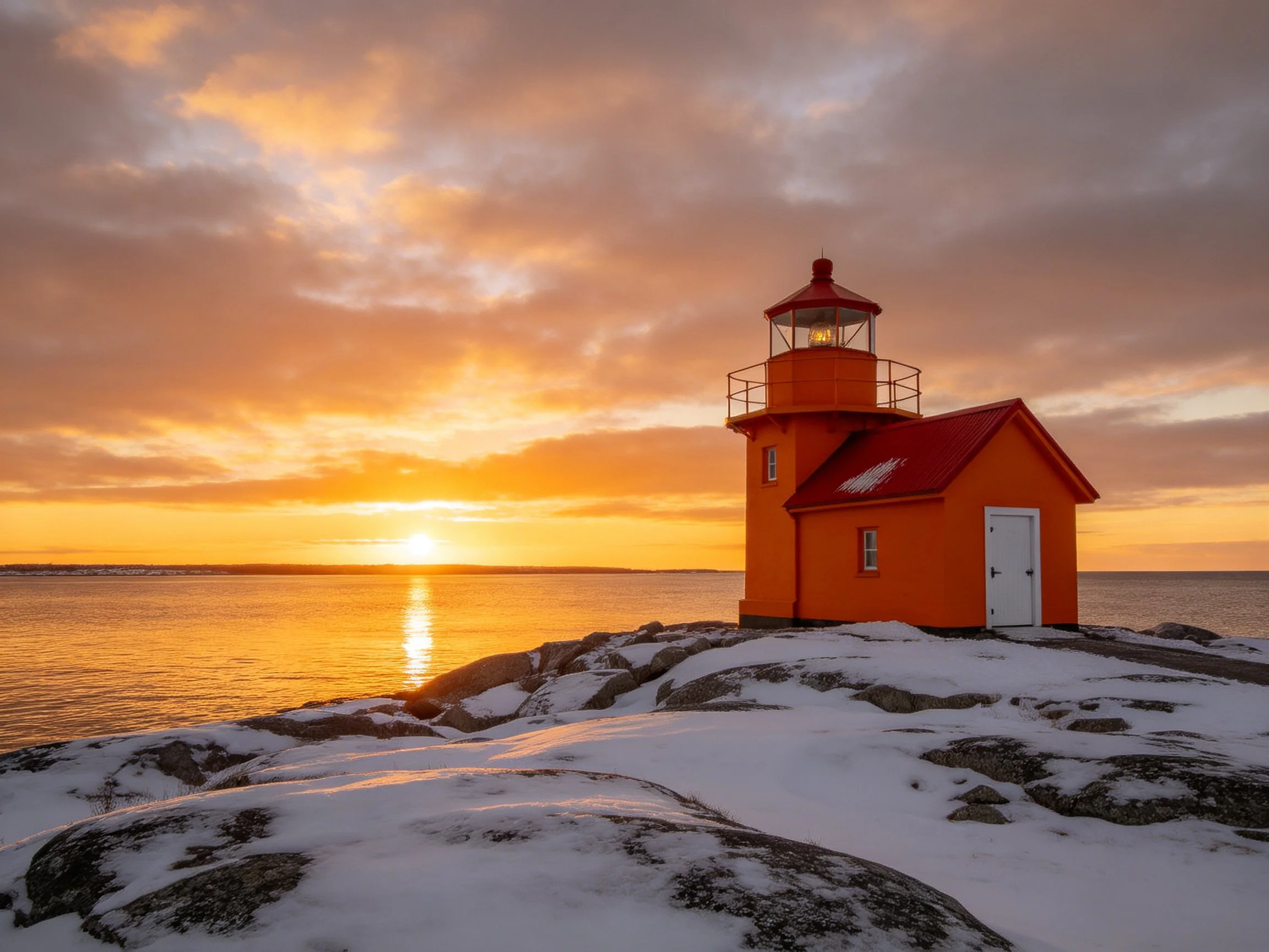 An orange lighthouse on snow-dusted rocky shore at sunset