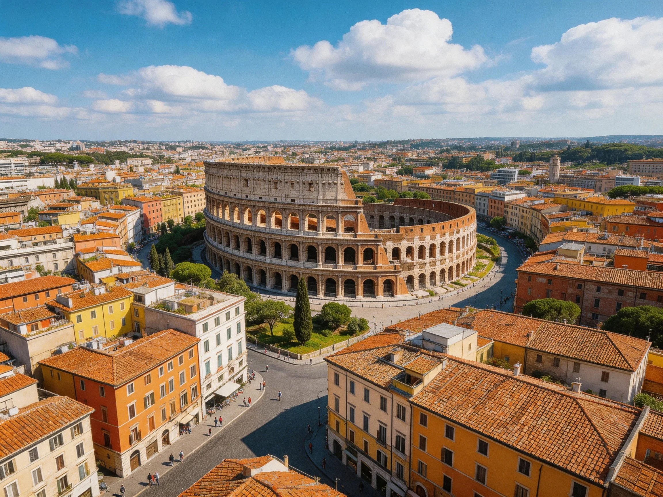 Ancient Colosseum surrounded by orange-tiled city buildings