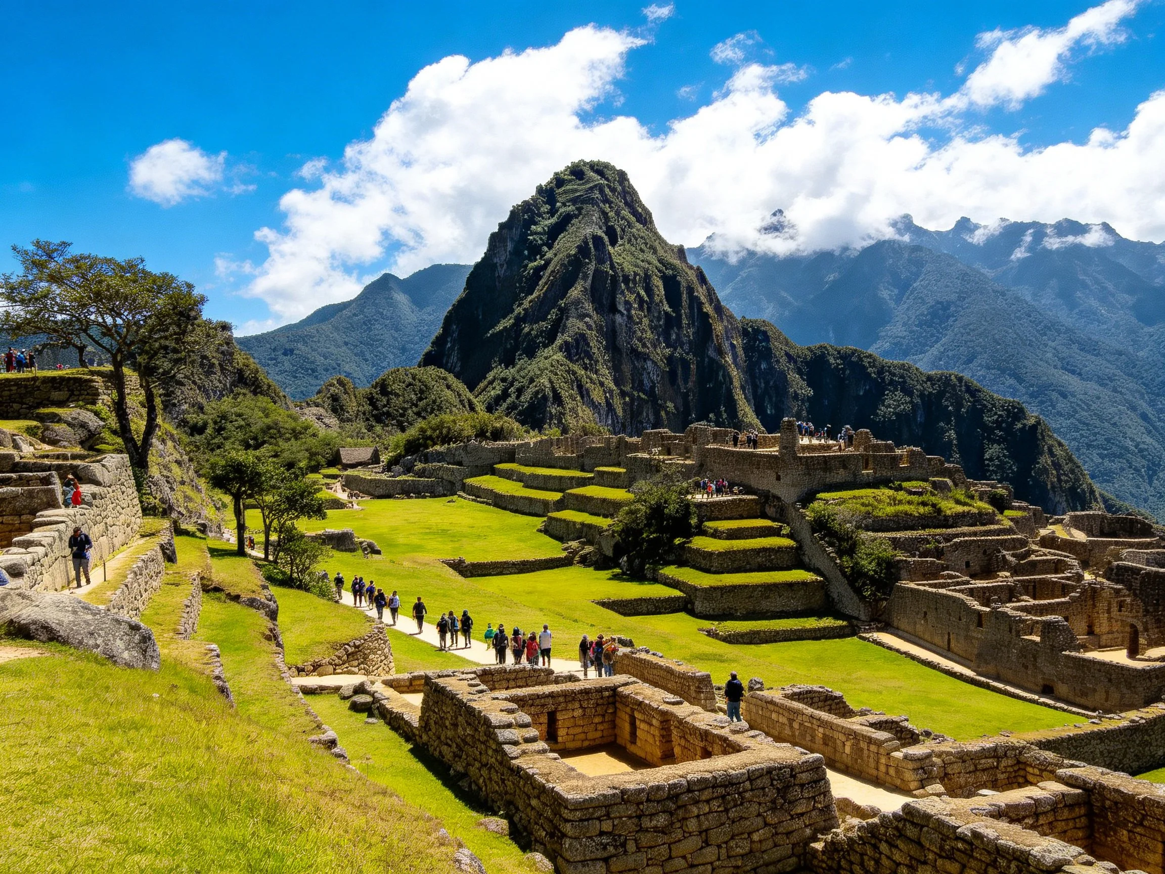 Ancient Incan ruins with stepped stone structures and mountain backdrop
