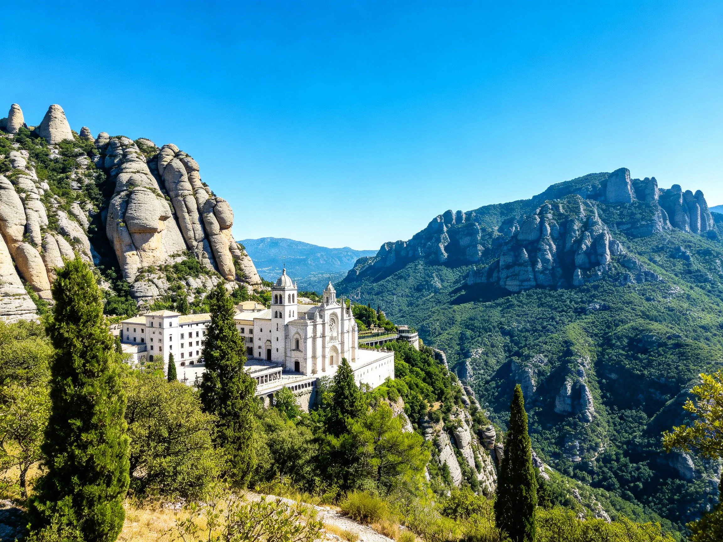 Ancient Monastery Perched Among Dramatic Rocky Cliffs and Verdant Mountains