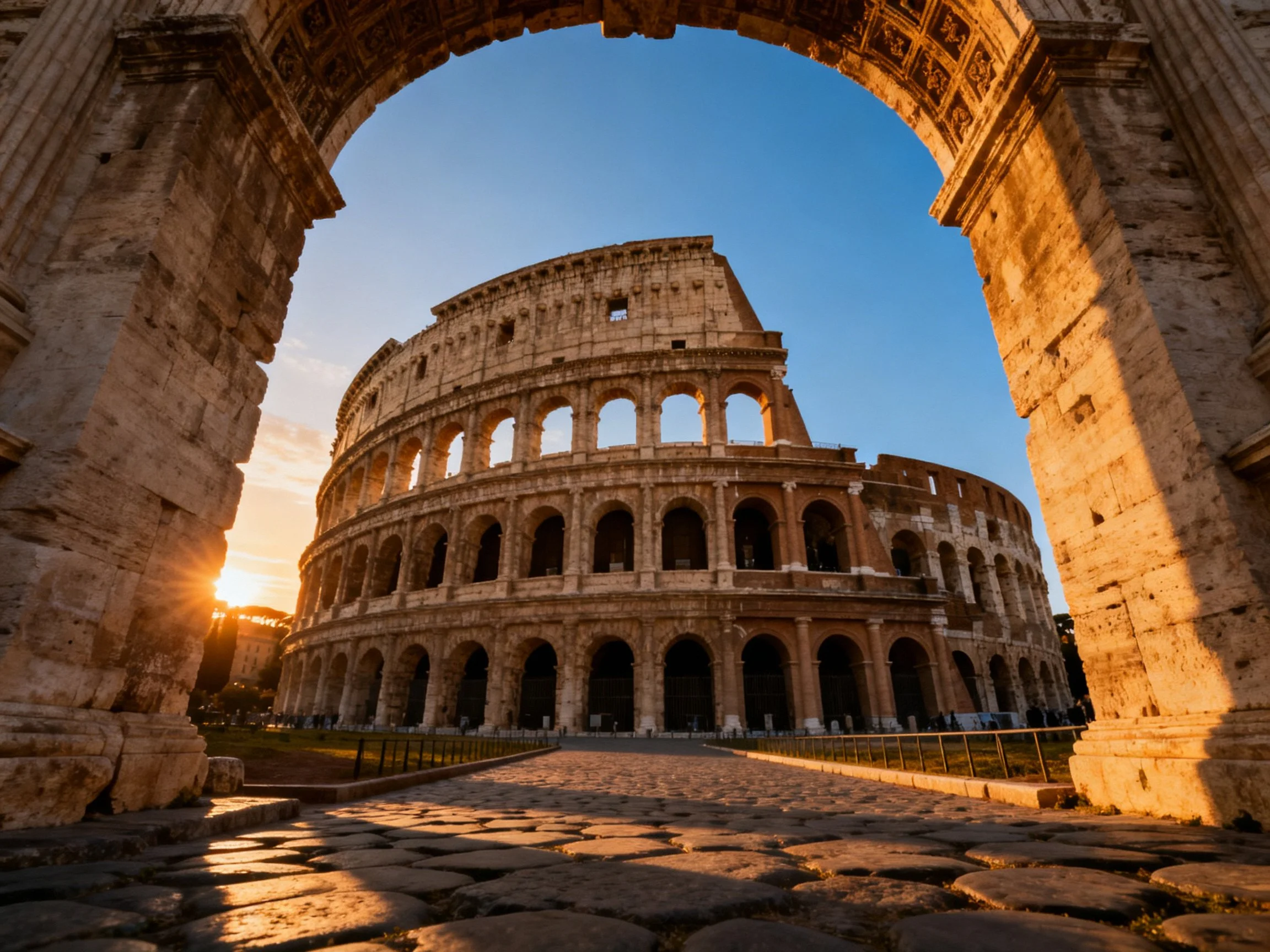 Ancient Roman amphitheater viewed through stone archway at sunset