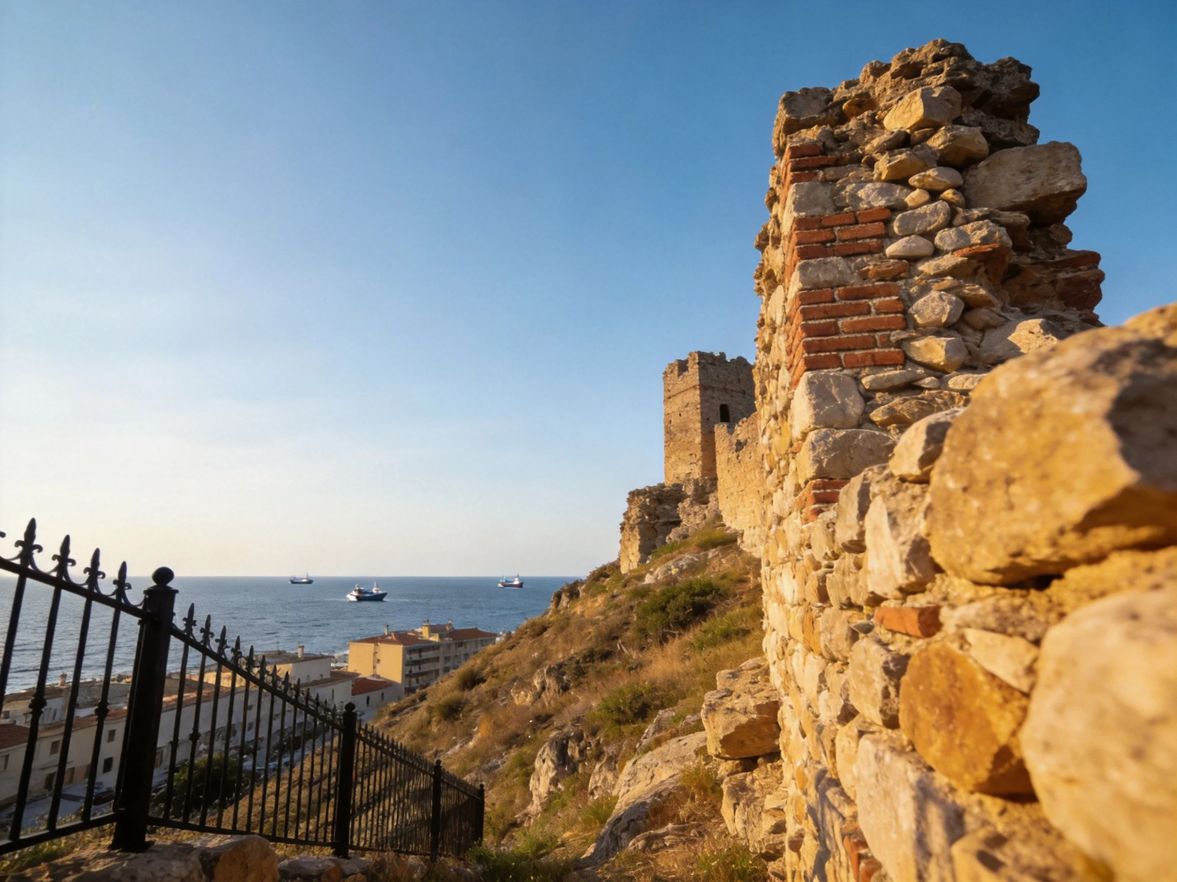 Ancient Stone Ruins Overlooking a Coastal Bay with Sailboats
