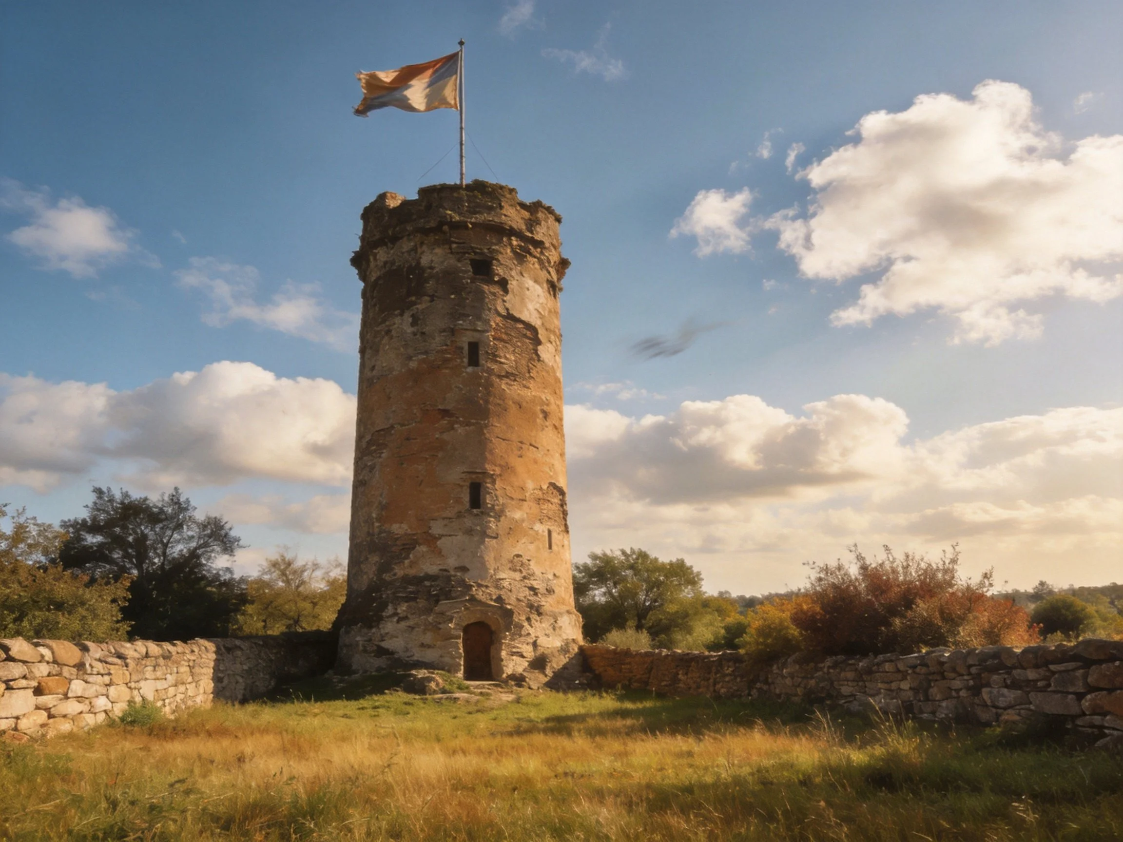 Ancient Stone Tower with Flag Among Grassy Walls