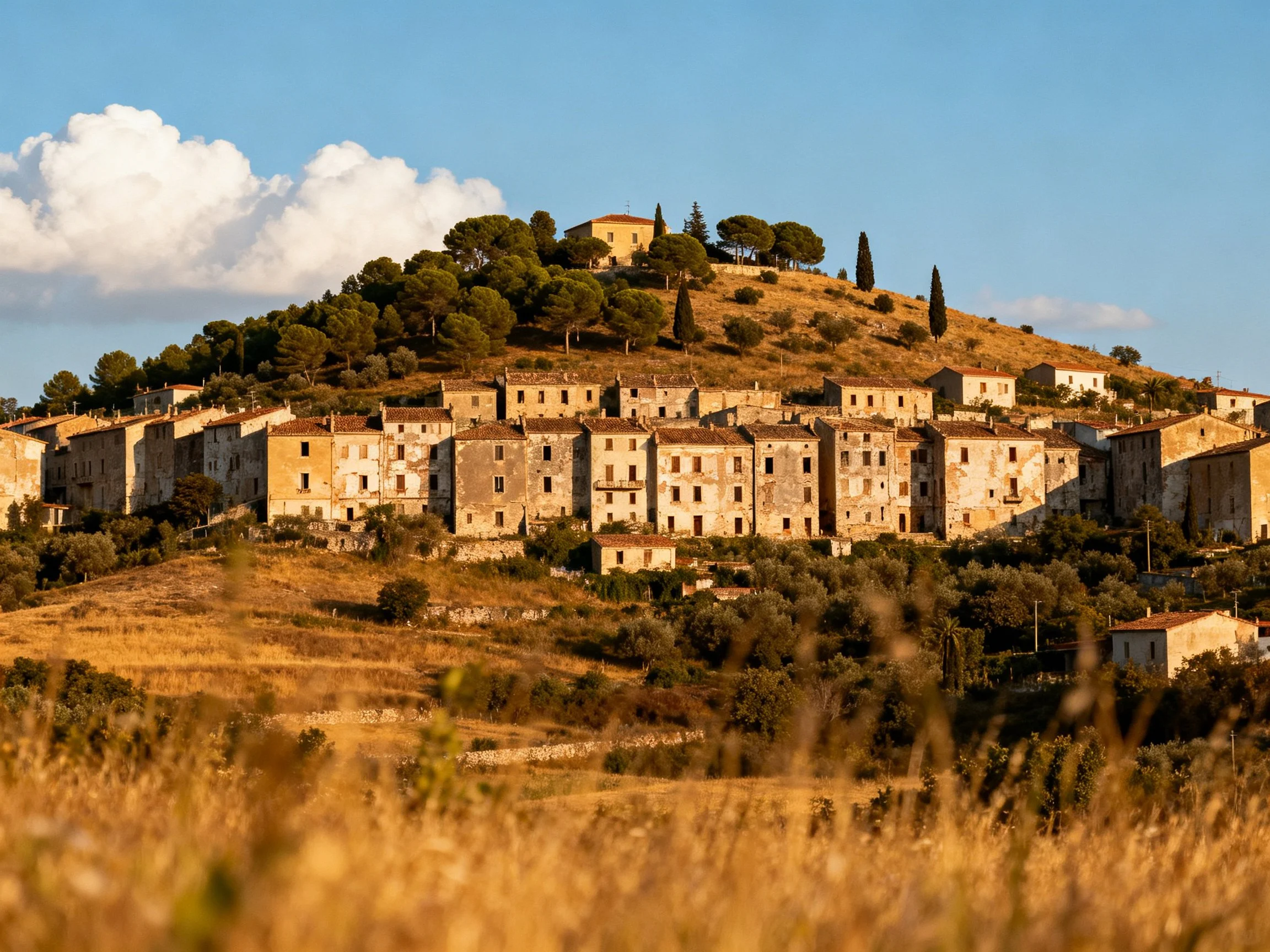 Ancient Village on Hilltop with Stone Buildings and Trees