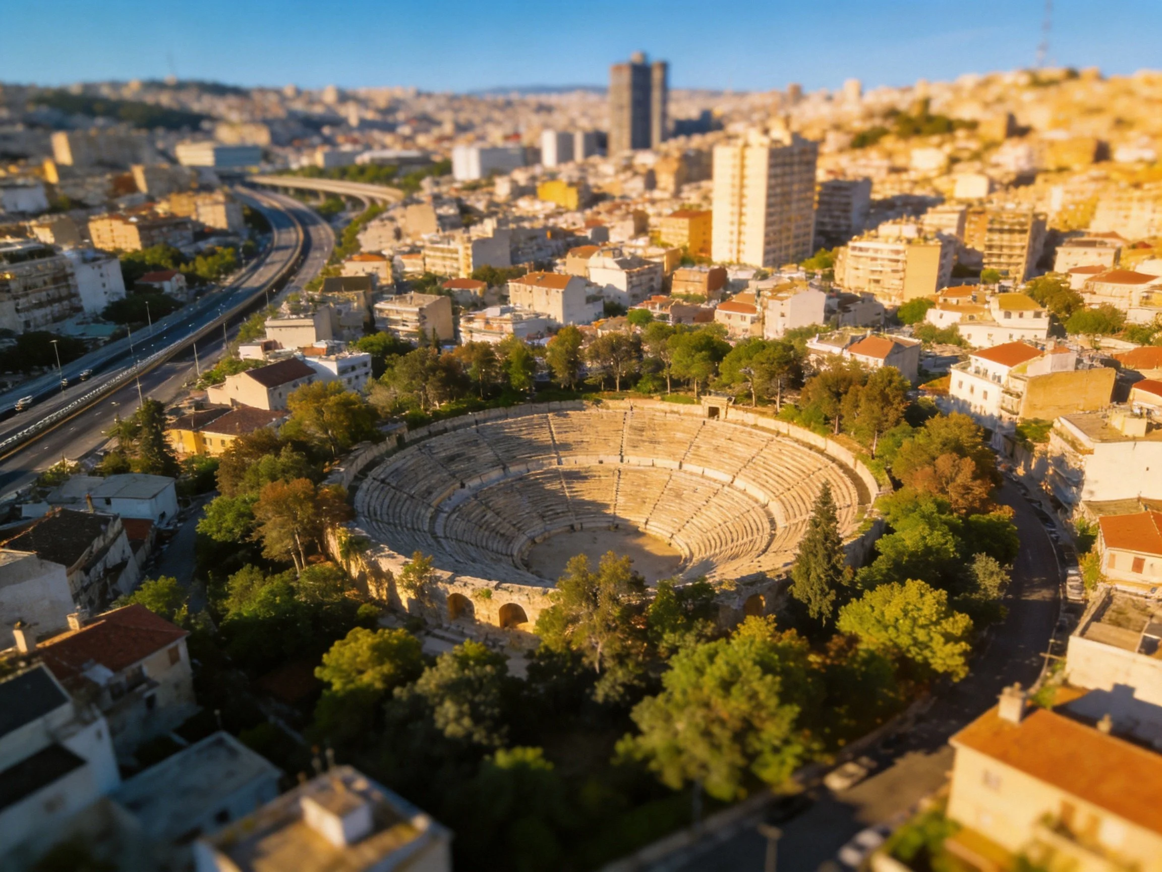 Ancient amphitheater integrated into modern cityscape