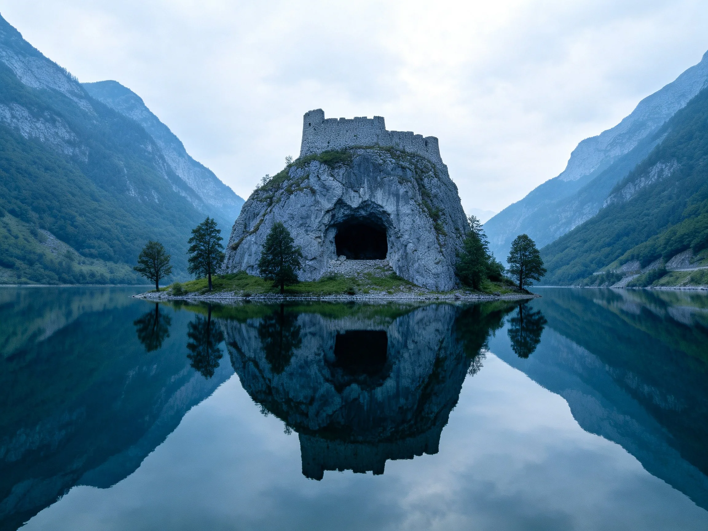 Ancient fortress on rocky island amid mountain lake reflections