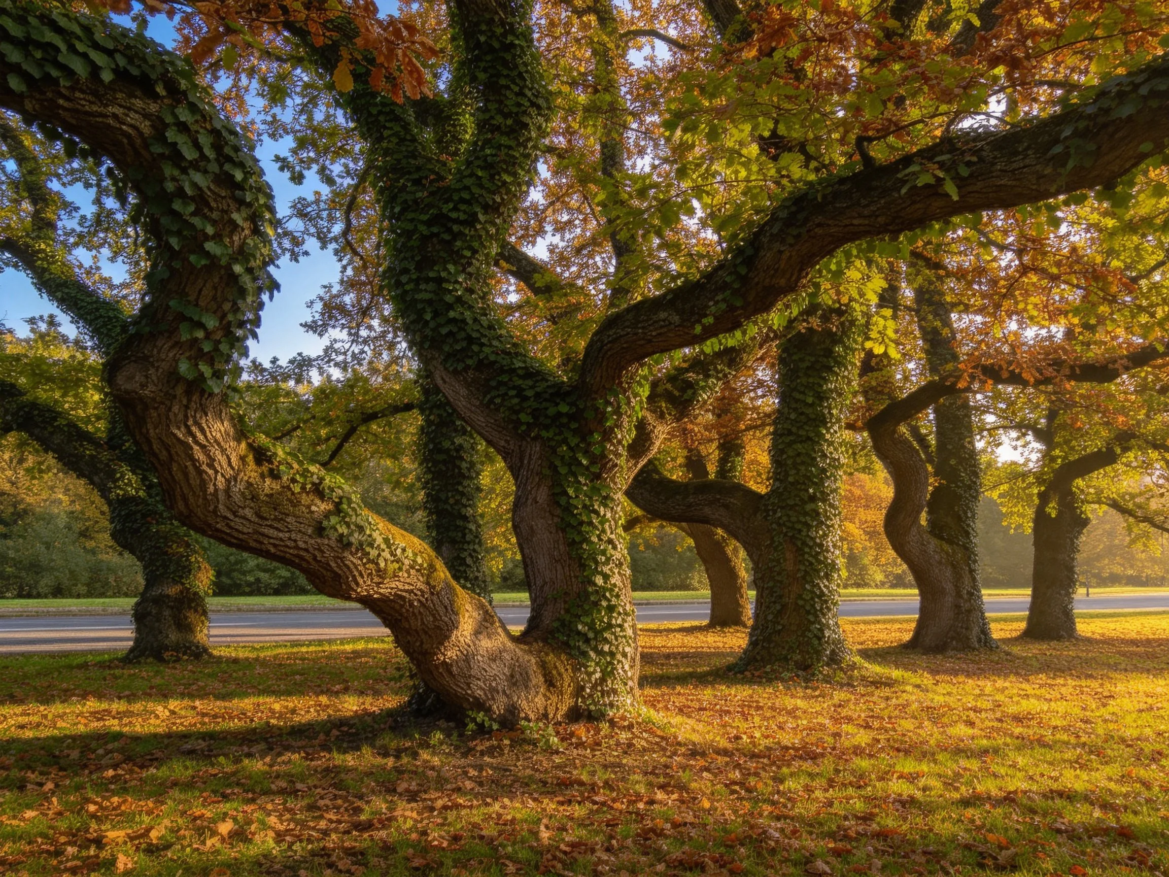 Ancient gnarled trees with ivy, golden autumn leaves, and fallen foliage by a road