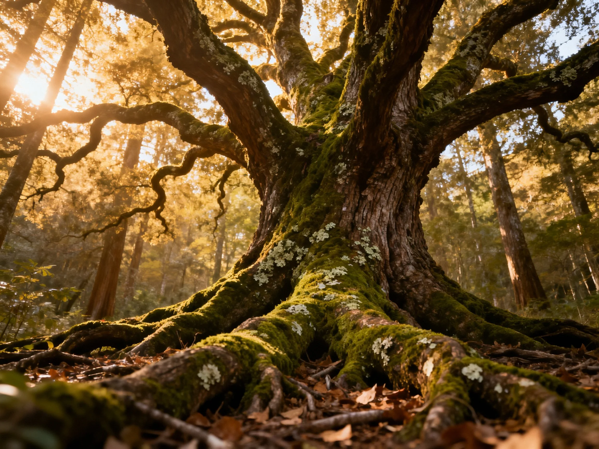 Ancient oak tree with moss-covered roots in sunlit forest