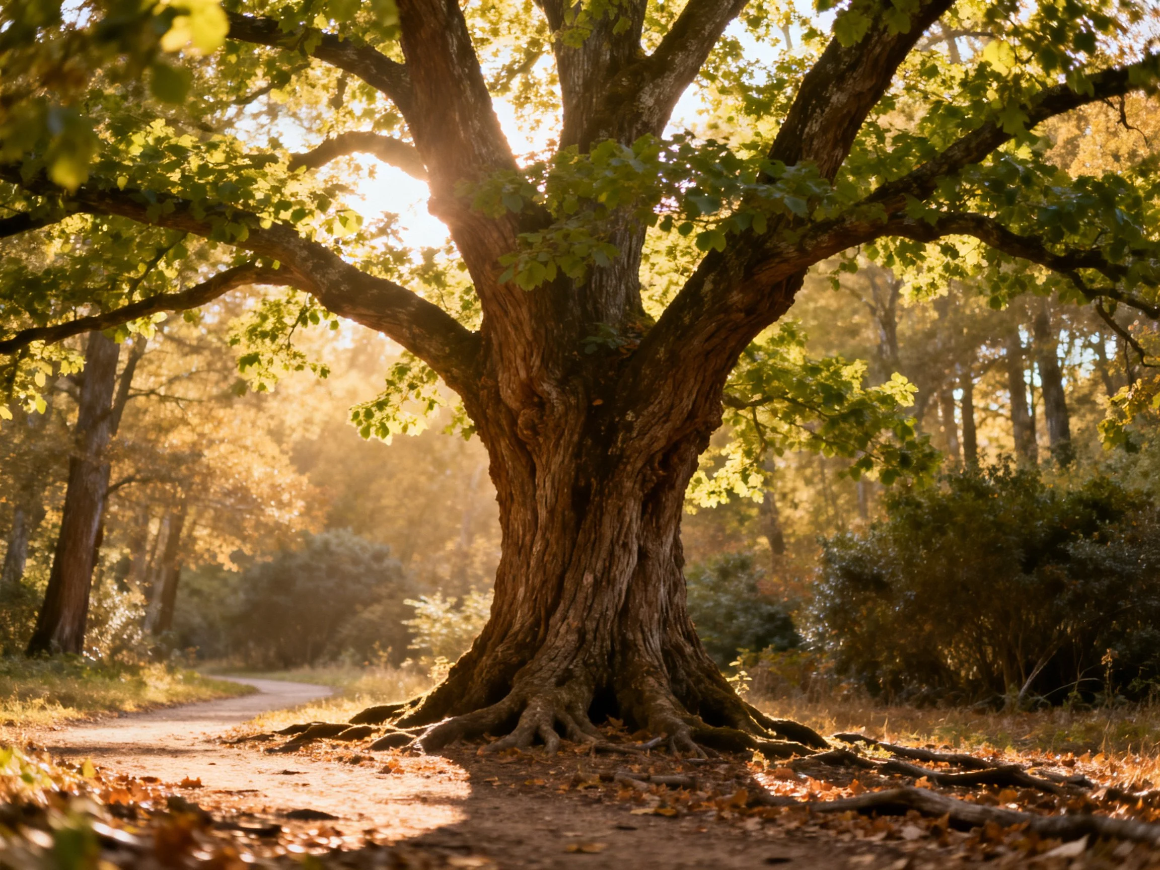 Ancient oak tree with sprawling roots near a sunlit forest path