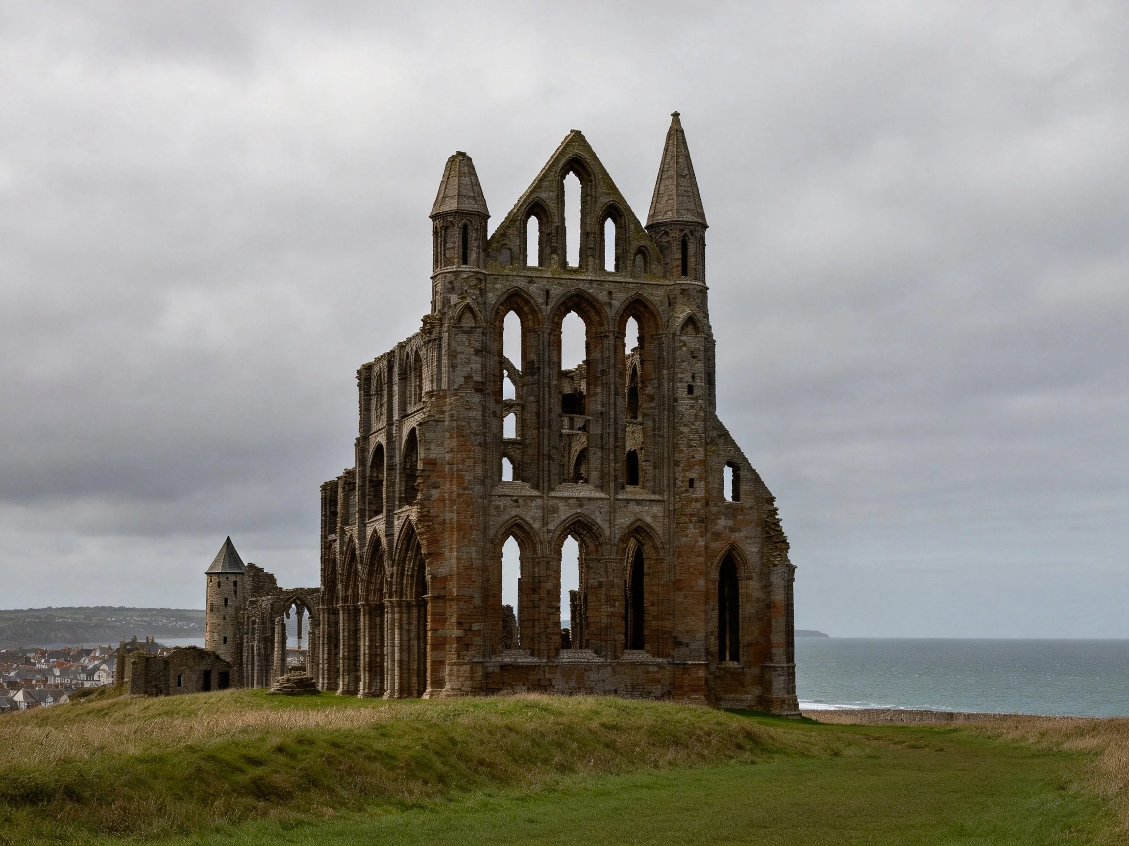 Ancient stone abbey ruins by the coastal shore
