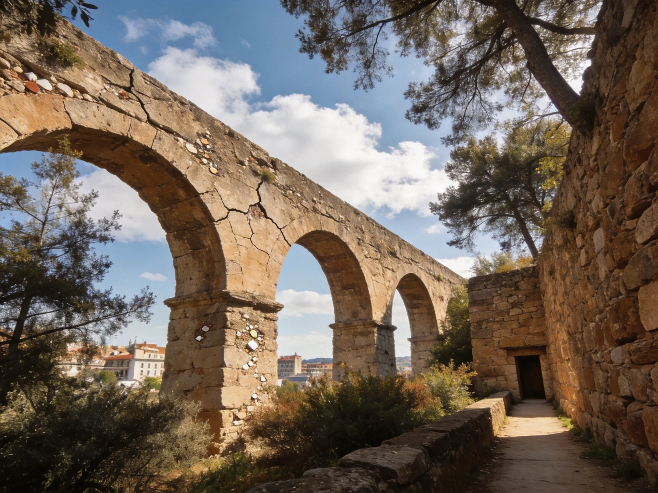 Ancient stone aqueduct with four arches surrounded by vegetation