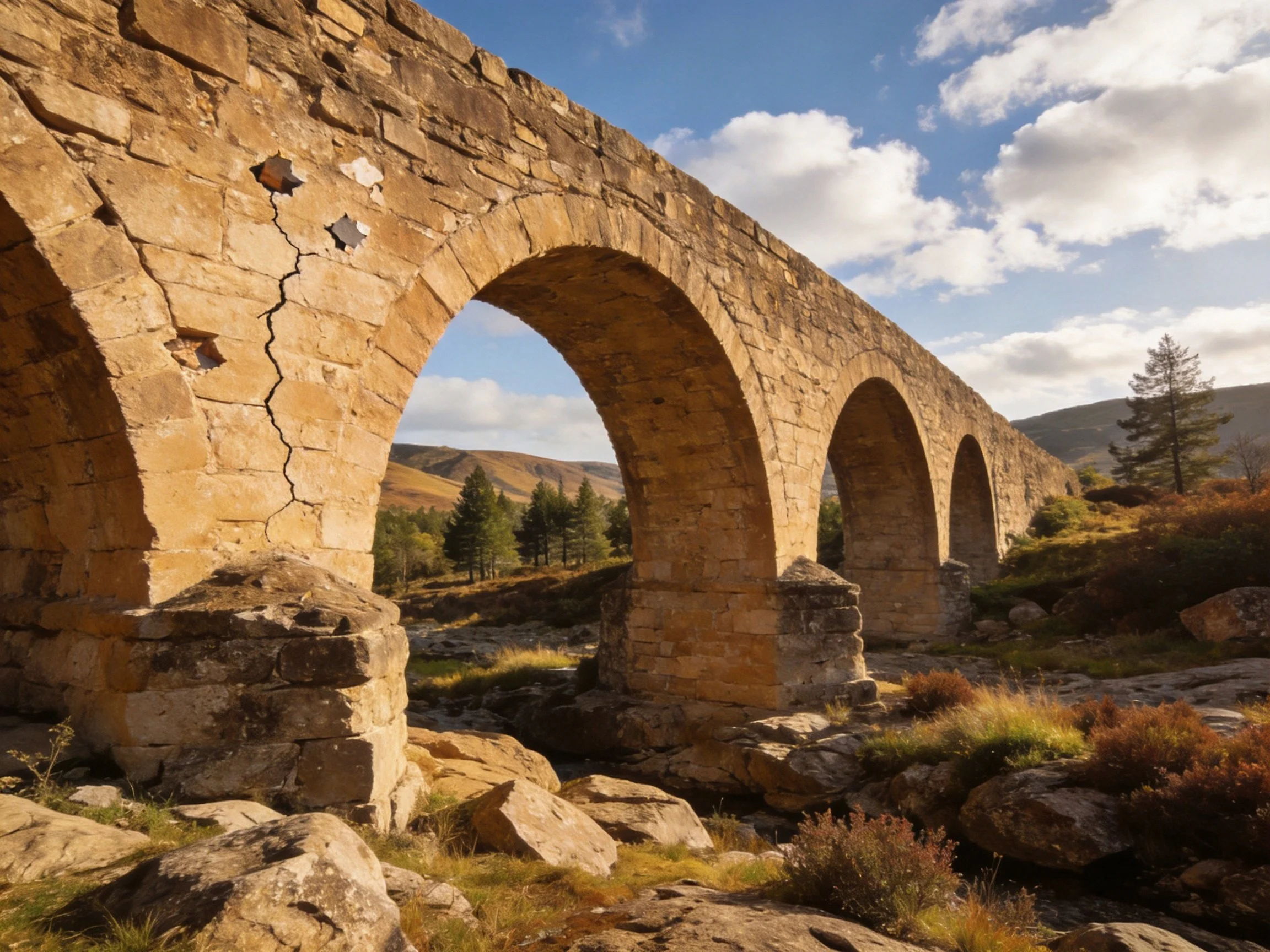 Ancient stone aqueduct with multiple arches in rocky terrain