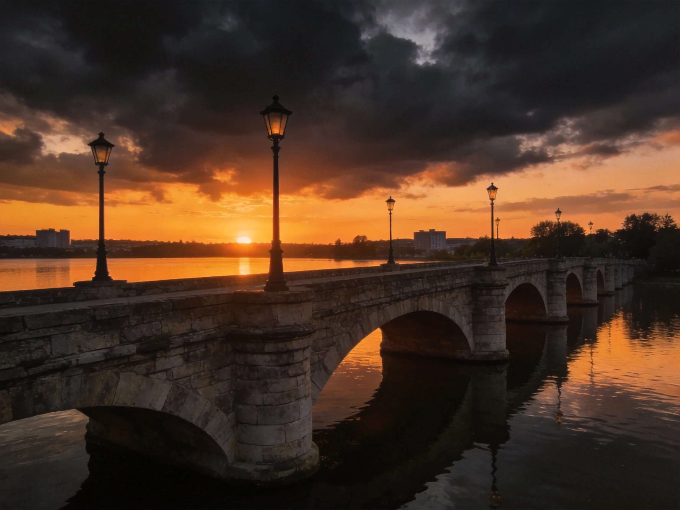 Ancient stone arch bridge spanning calm water with sunset lighting
