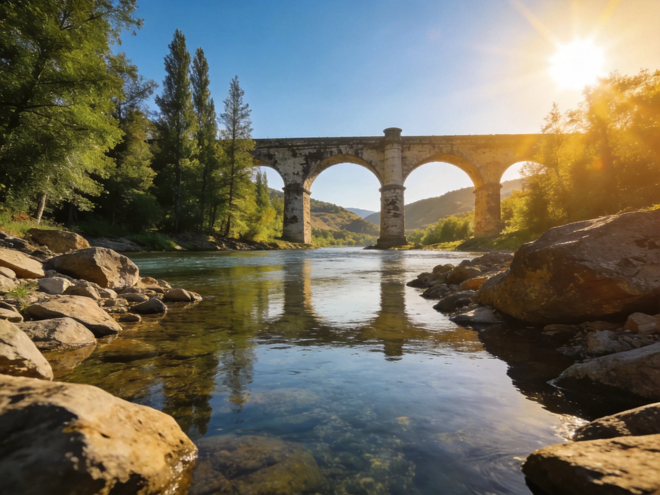 Ancient stone arch bridge spans clear river with rocky surroundings.